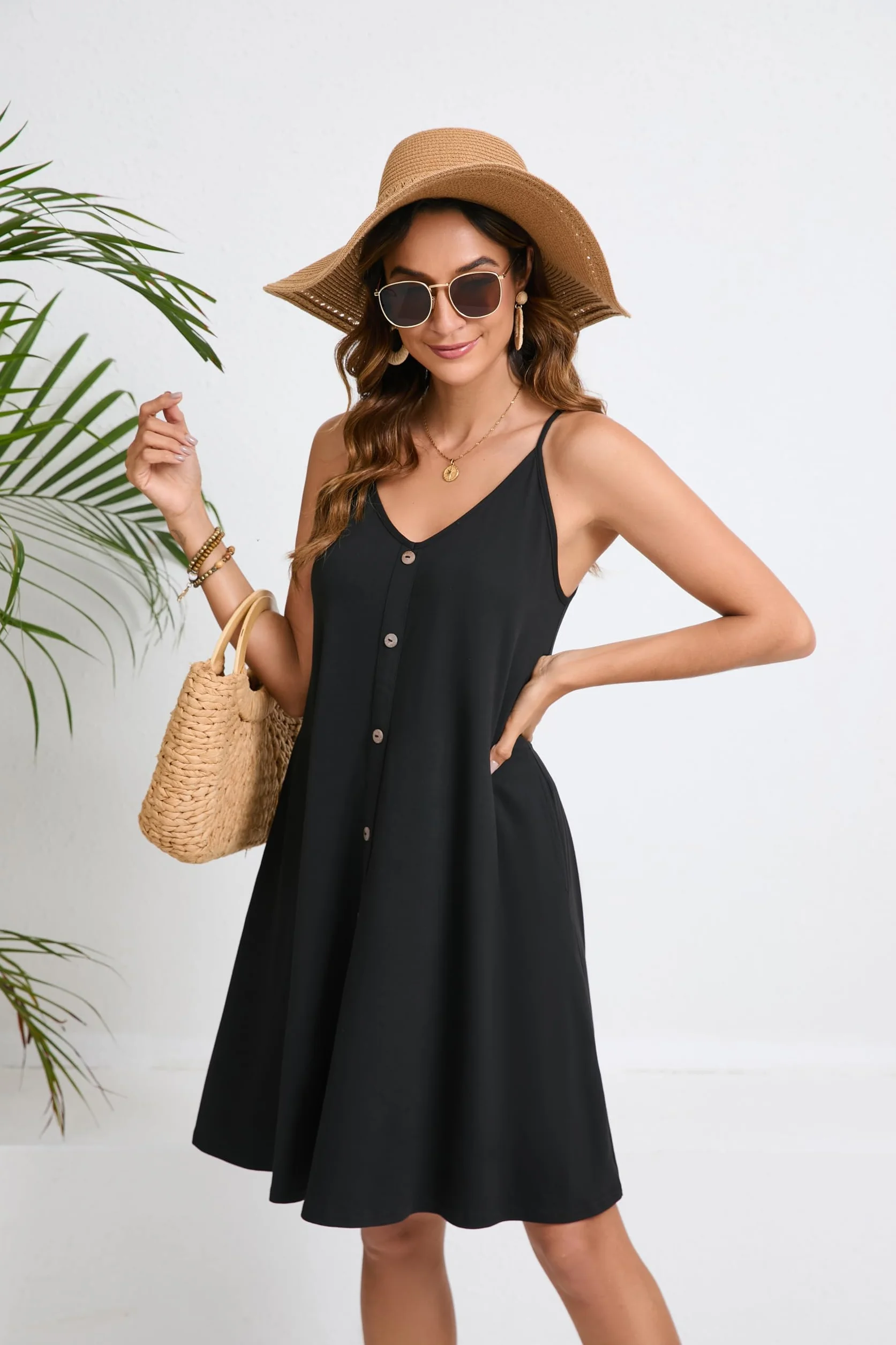Enmain Mujer Vestidos Verano Floral Sin Mangas Vestido de Playa hasta la Rodilla Casual Cuello en V Tirantes de Espagueti Vestidos con Bolsillos para Fiesta Hawai Vacaciones S-2XL