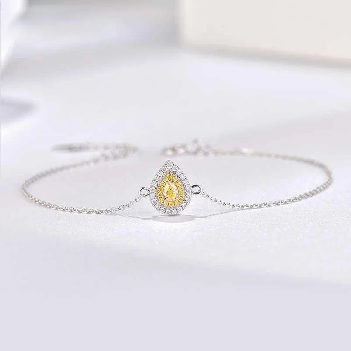 Pulsera de cadena para mujer, pulseras de boda con diamantes amarillos de 0,1 quilates, cadena de gota de agua, joyería de oro blanco con diamantes