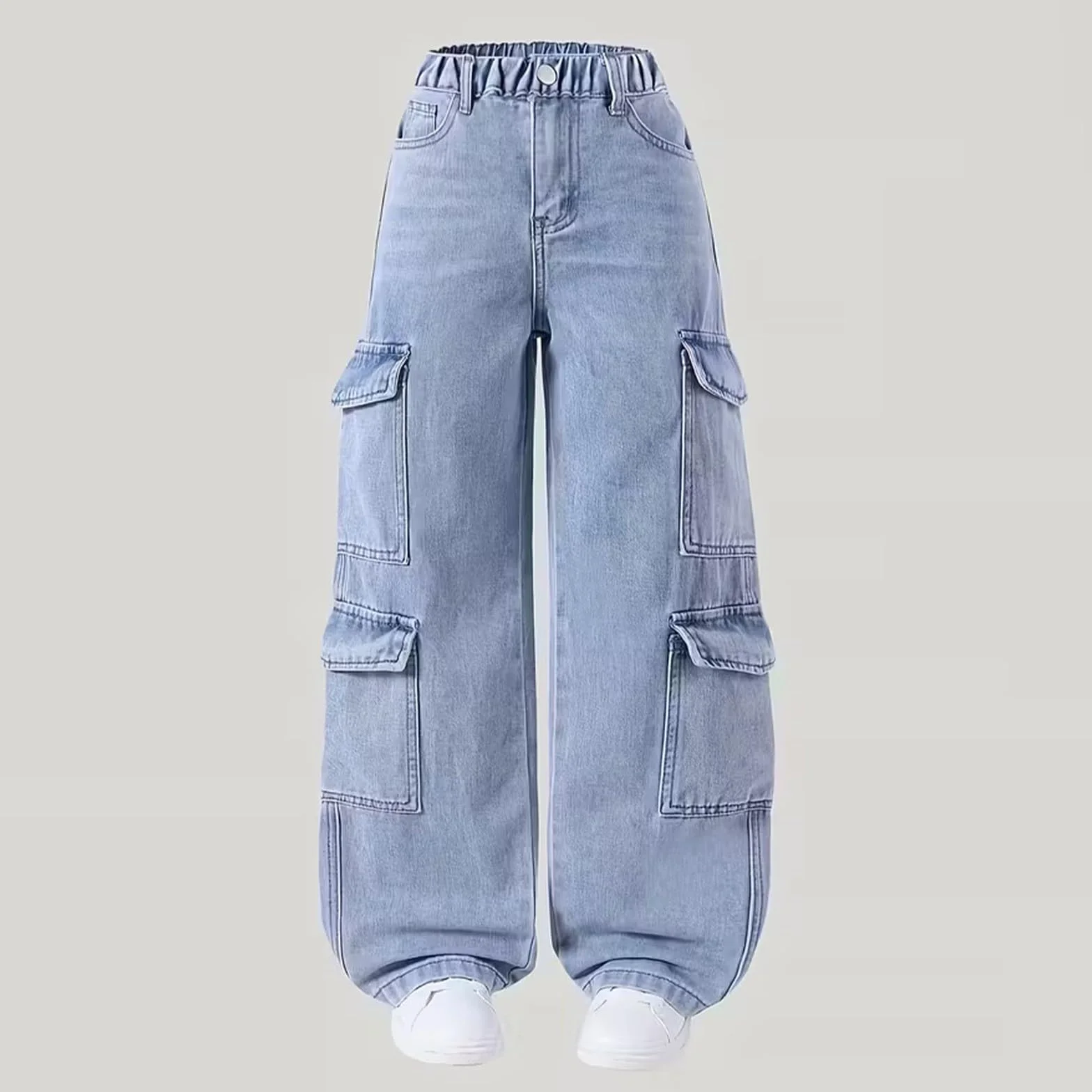 Jeans cargo para niñas, holgados, de pierna ancha, vintage, pantalones de mezclilla casuales para adolescentes, ropa de calle, pantalones elásticos de cintura alta y ajuste relajado