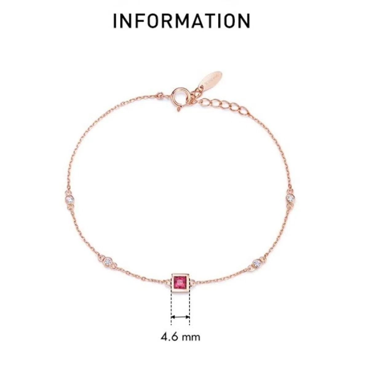 Pulseras de Oro Rosa 9K / 14K / 18K Mujer, Cuadrado con Rubí y Diamante, Cadena Extensible 16 CM + 5 CM, Pulseras Oro Rosa Ajustable Mujer
