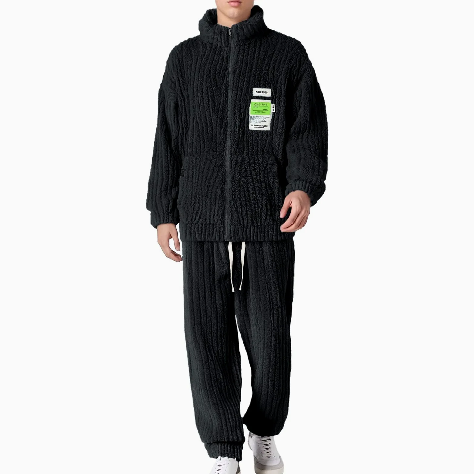 Generisch Pijama largo para hombre, forro polar coral, ropa de salón, franela para invierno, ropa de dormir gruesa, 2 piezas, cuello alto, parte superior con cremallera y pantalón de pijama elástico