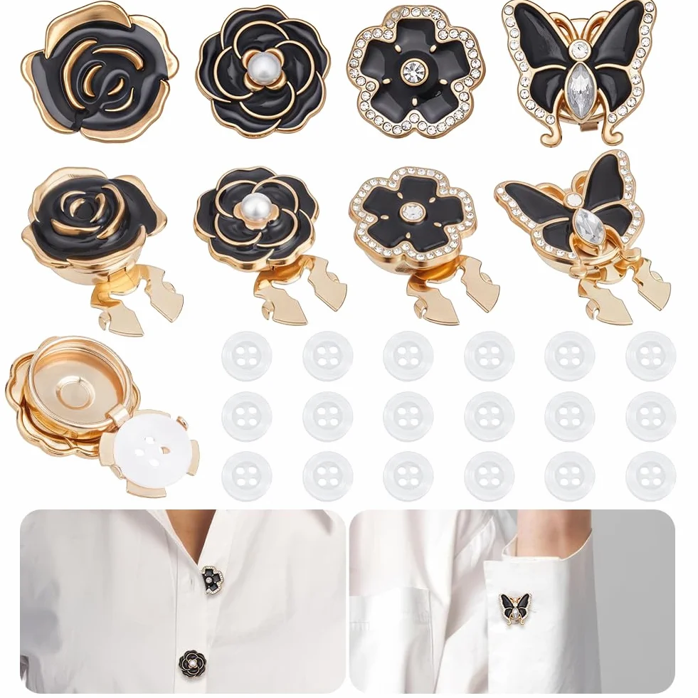 NBEADS 8 cubiertas de botones para mujer, con 20 botones de costura de 11 mm, gemelos de flor de camelia de mariposa, botones decorativos para blusas, camisas, adornos de ropa, color negro