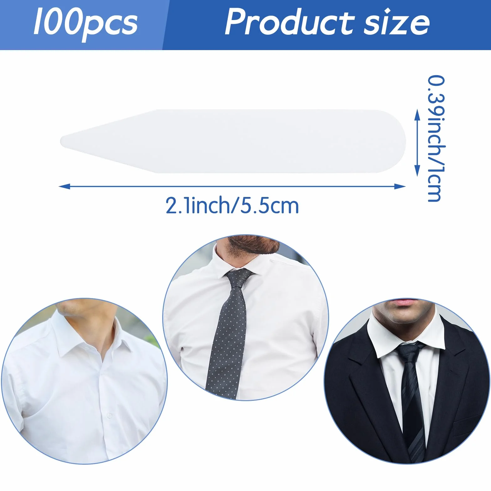 100 unidades de varillas para cuello de camisa, soporte para cuello de camisa, soporte de cuello de plástico, para camisas de hombre, camisa de hombre, pasador de cuello de PVC, pegatinas para hombre,