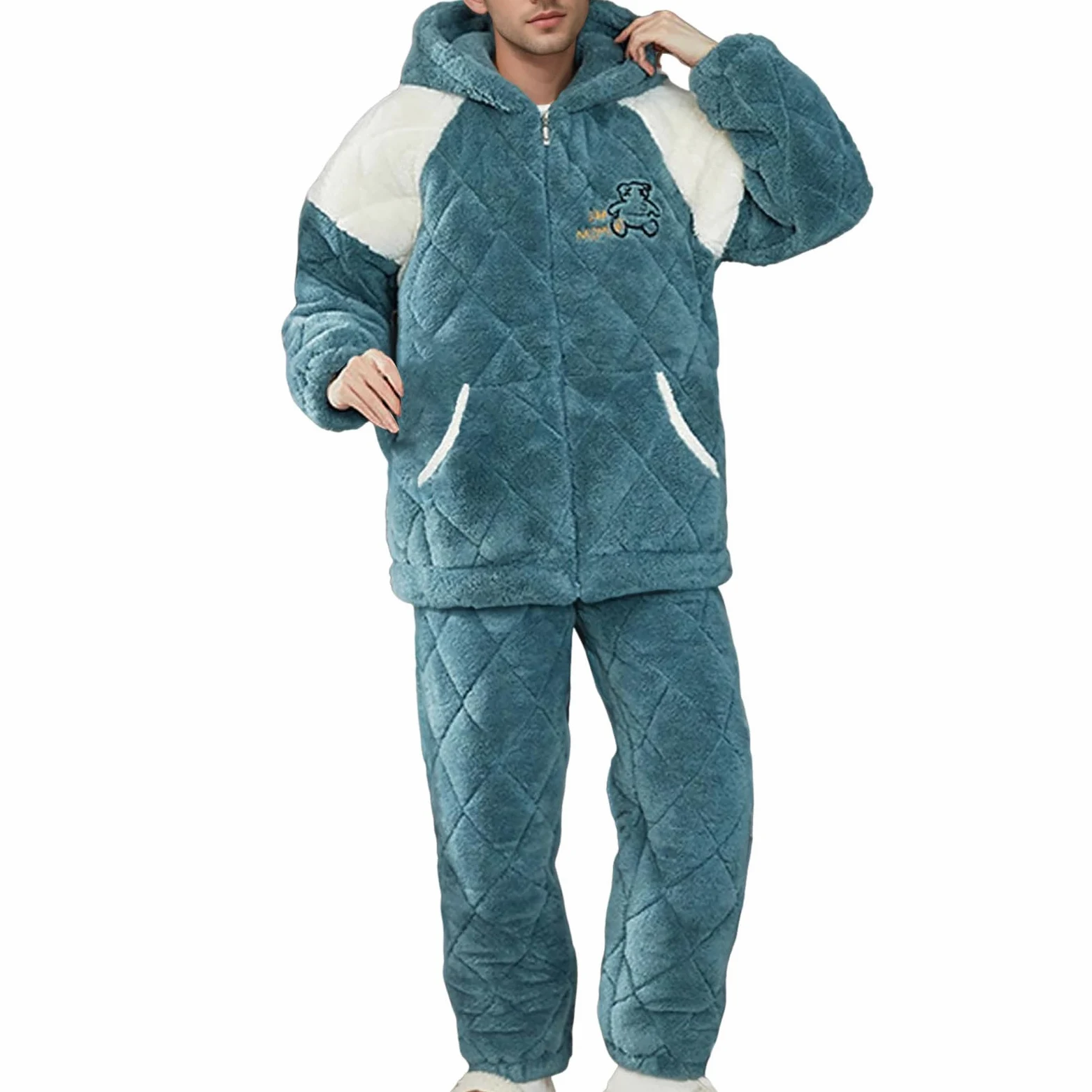 Pijama de invierno para hombre de tres piezas con forro polar de coral, ropa de salón, acogedora ropa de casa, diseño de dibujos animados