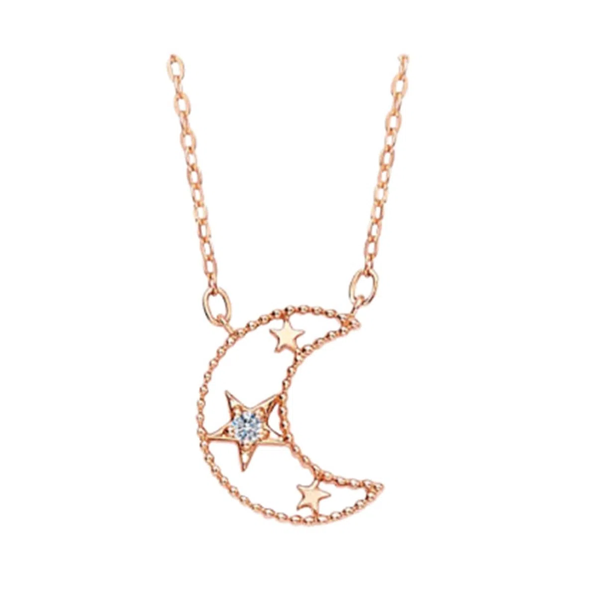 Collar largo con colgante para mujer, luna y estrella de moda con diamante de forma redonda, oro rosa de 9 quilates, 14 y 18 quilates