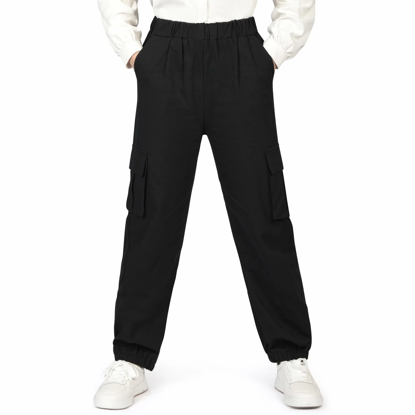 Pantalones Cargo para Niños Algodón Cintura Elástica Negro 8-13 Años