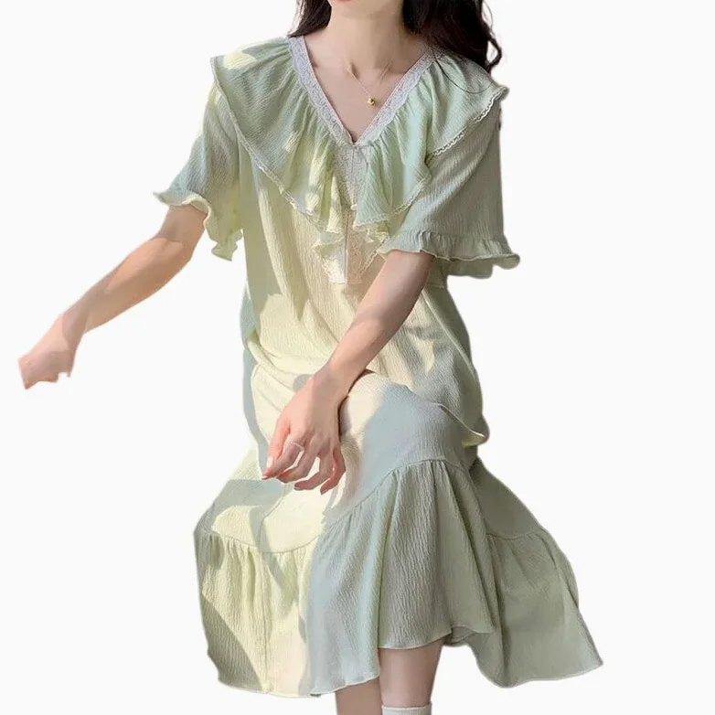 OFFSUM Camisón De Pijama De Mujer - Ropa De Dormir De Princesa De Verano Estilo Francés Color Sólido Bordado De Encaje Cuello En V Camisón Informal Albornoz Dulce Ropa De Casa