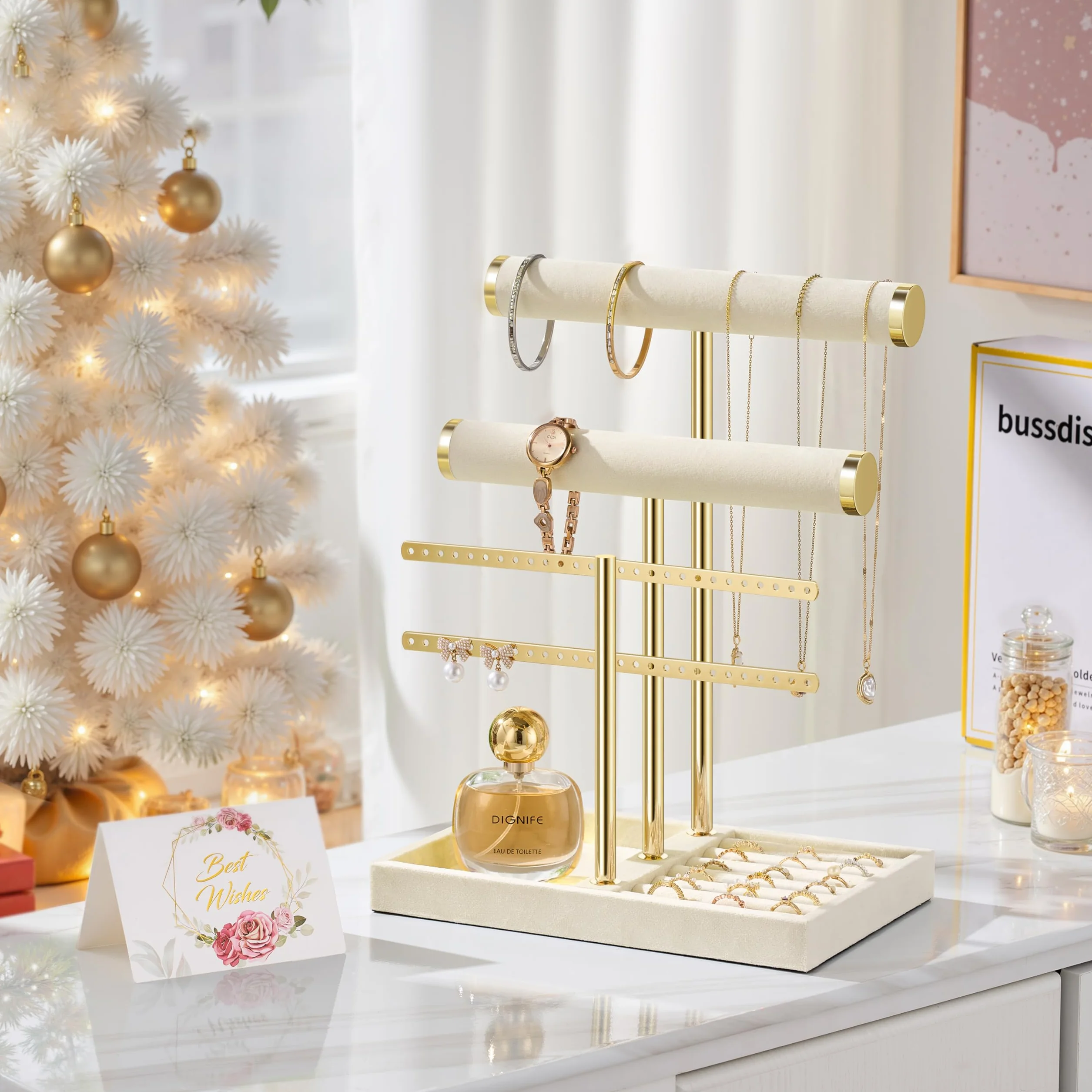 Josmimic Organizador de joyas con 3 niveles – Grande Beige Soporte para joyas pulseras de terciopelo para pulsera, collar, relojes, anillos