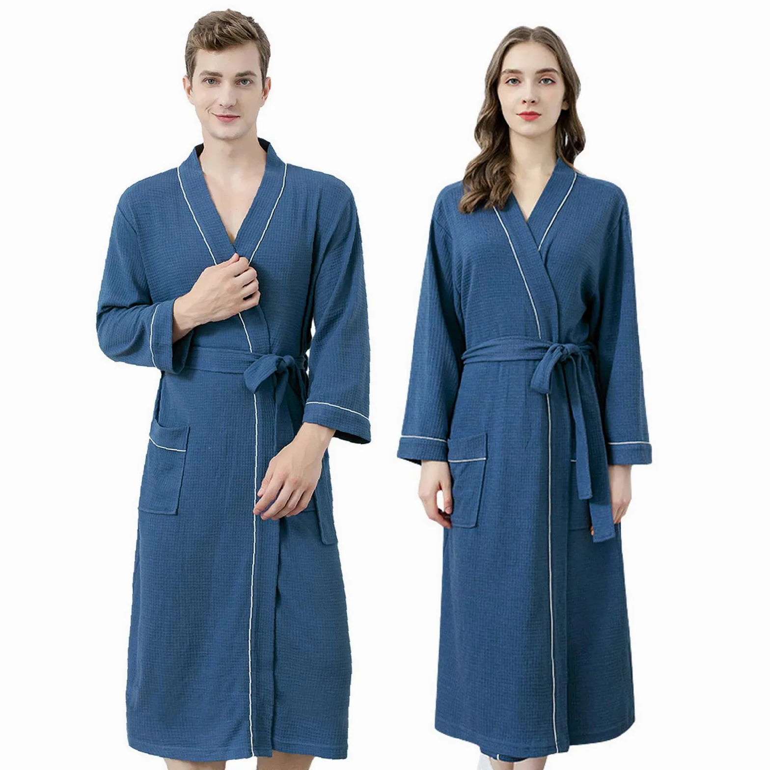 Albornoz de algodón de punto, kimono largo, con bolsillos para hombres y mujeres, spa y piscina de hotel