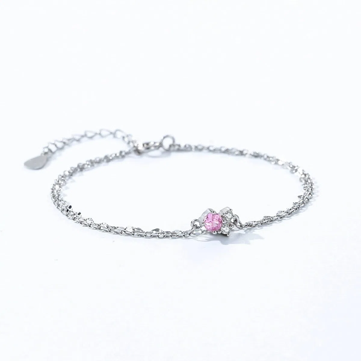 Pulsera vintage, pulsera de promesa de cadena de doble capa con zafiro rosa creado y moissanita
