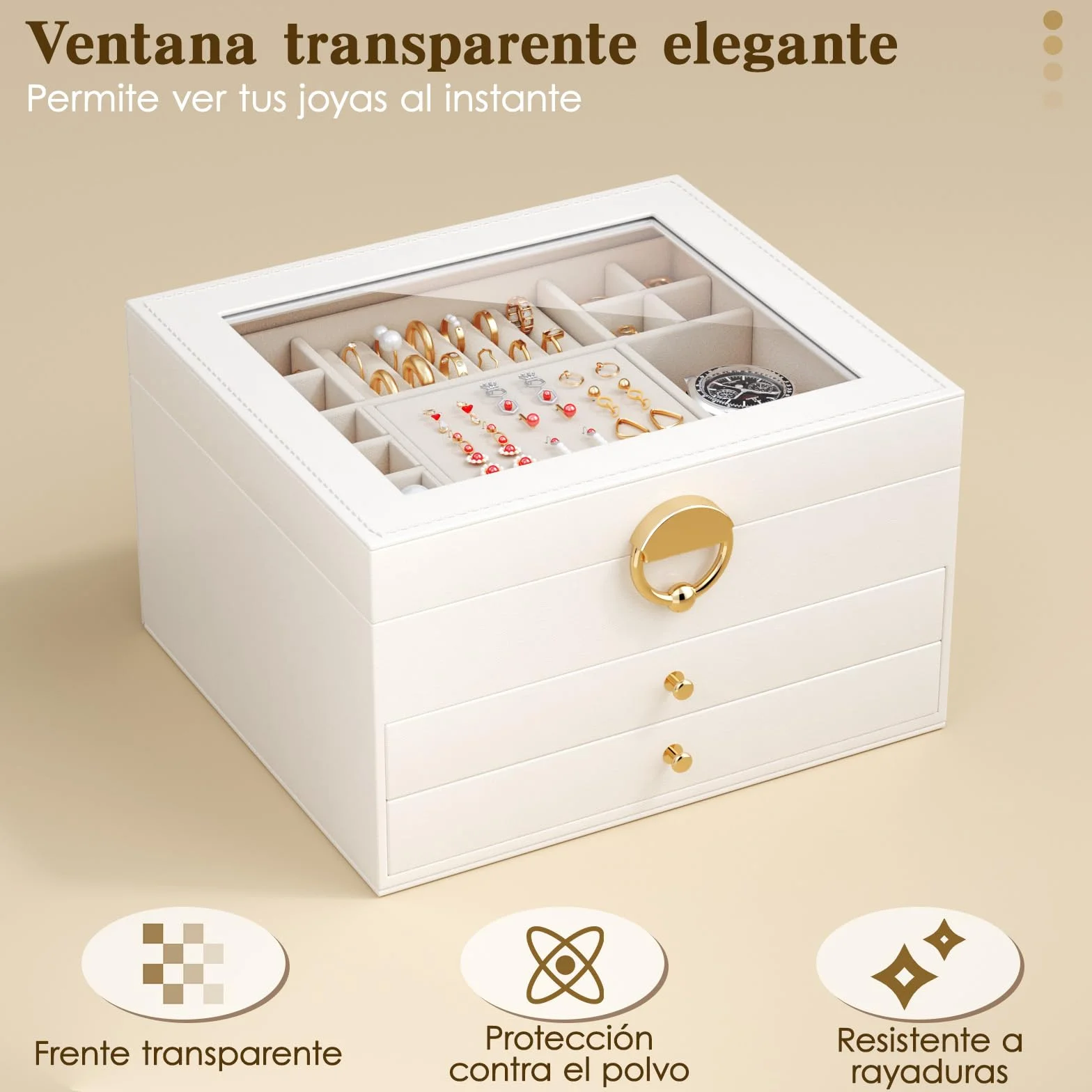 Caja Grande para Joyas 3 Niveles 24 Compartimentos Organizador de Anillos Collares y Pendientes con Tapa Transparente Blanco Mate
