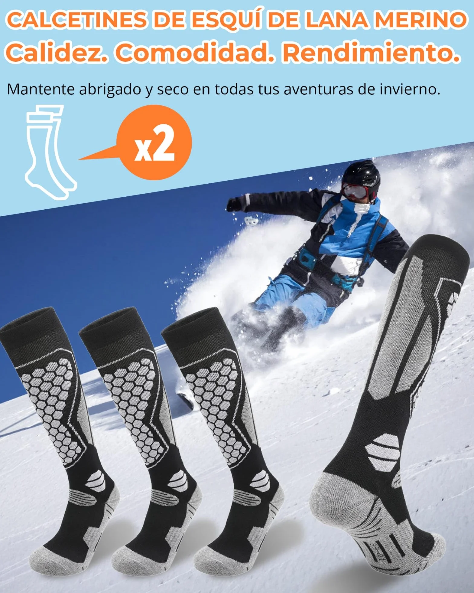 Calcetines de Esquí Lana Merino Térmicos – 2 Pares Calcetines Altos para Hombre y Mujer, Cálidos, Transpirables e Imbottados para Nieve, Snowboard y Invierno