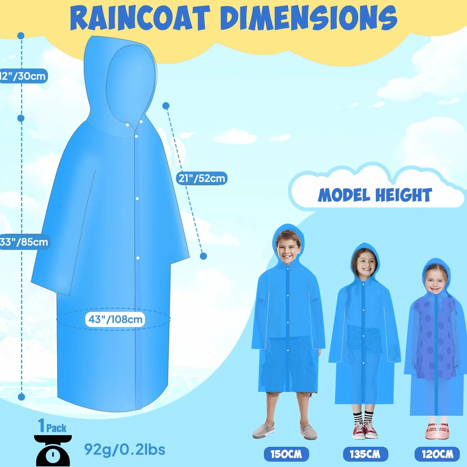 ANYOO Poncho de lluvia para niños con capucha, impermeable, ligero, reutilizable, para niños y niñas, para viajes de al aire libre, 110-150