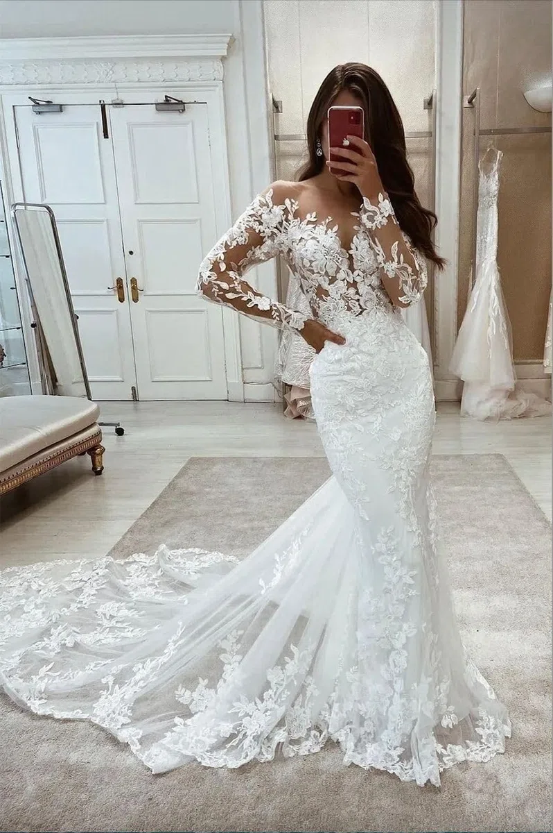 Vestido de Novia de Sirena de Manga Larga de Tul Civil, Blanco, 48