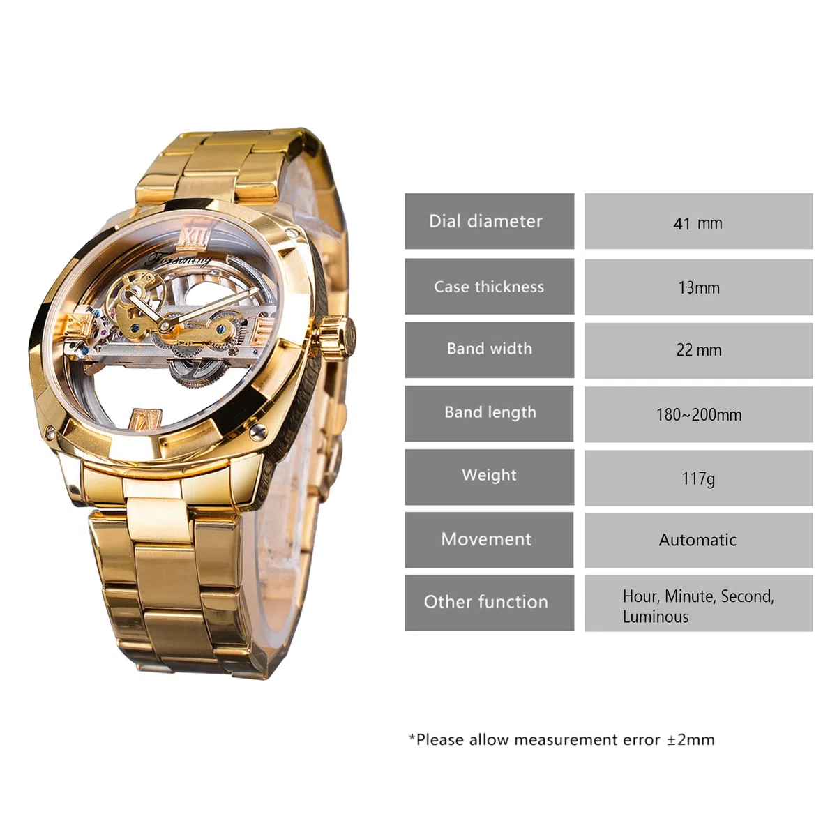 FORSINING Reloj de pulsera para hombre, esfera transparente, automático, clásico, mecánico, acero inoxidable, resistente al agua, dorado, pulsera