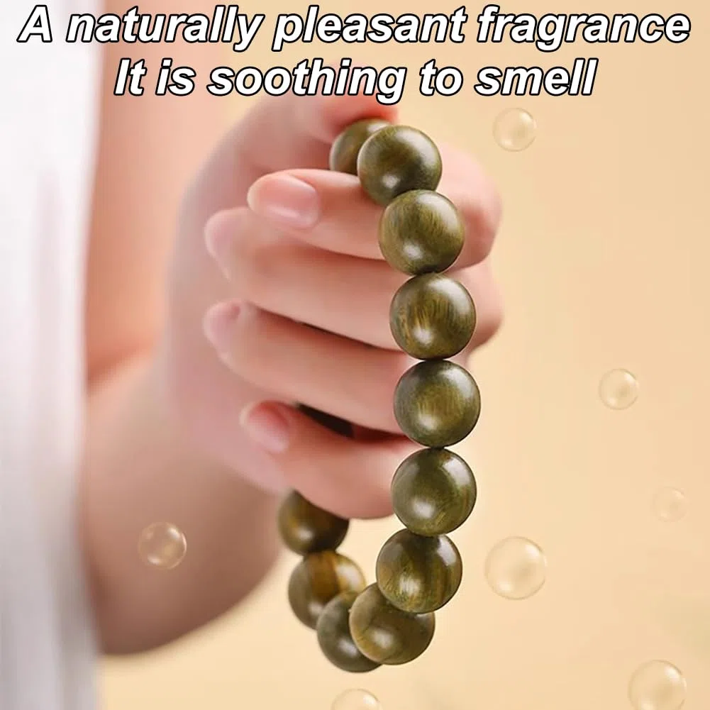 Pulsera de Cuentas de sándalo Verde Pulsera elástica de Cuentas de Madera Redondas pulidas a Mano para Hombres y Mujeres,18MM
