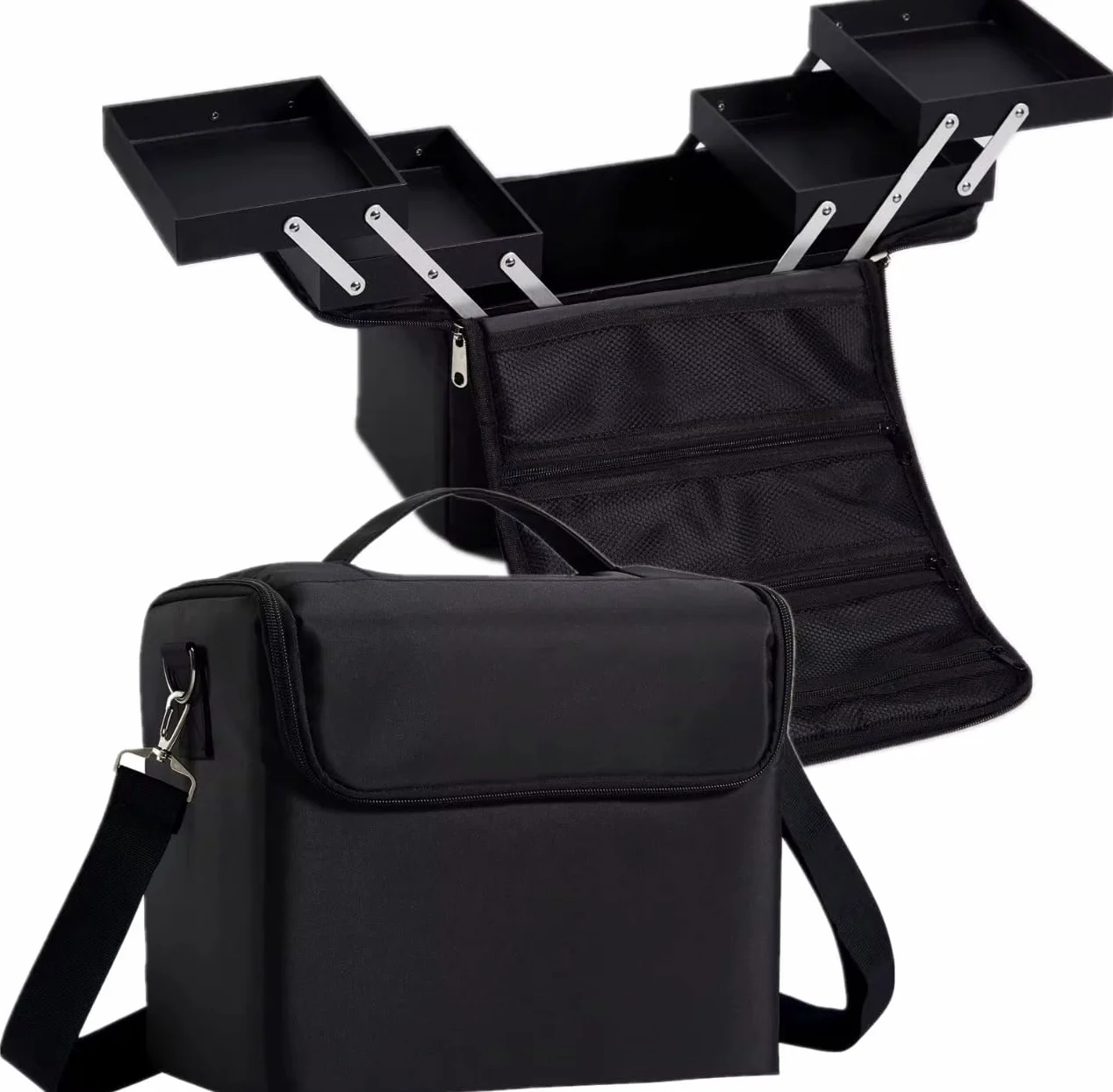 Maleta de Maquillaje Profesional, Maletín Cosmético Negro con Bandeja Expandible y Compartimentos Desplegables, Estuche Portátil 28x27x20 cm
