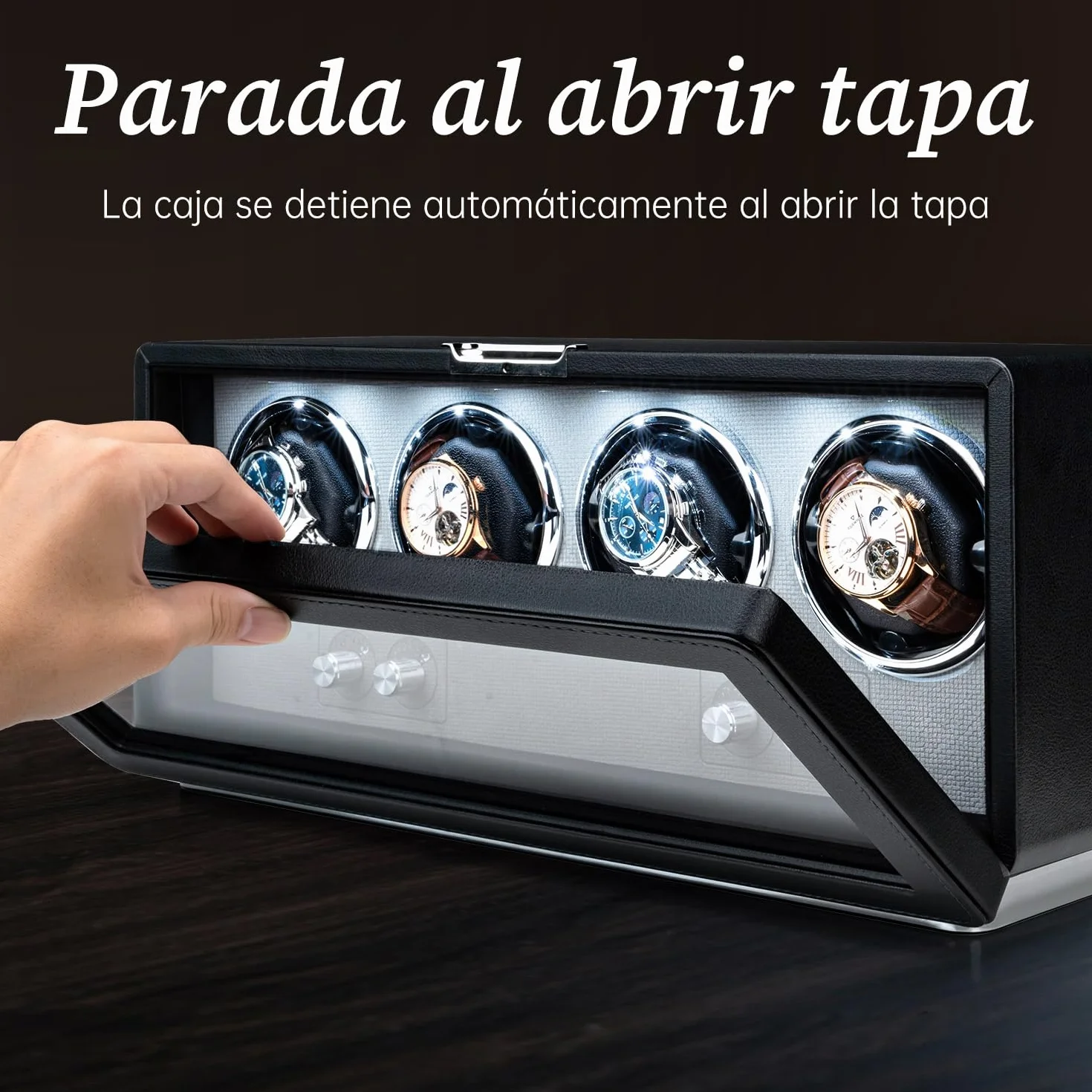Mcbazel Automática Rectangular Piel sintética Caja enrolladora para 4 Relojes Motor ultrasilencioso 4 diales Pantalla LED 4 Modos rotación Negro