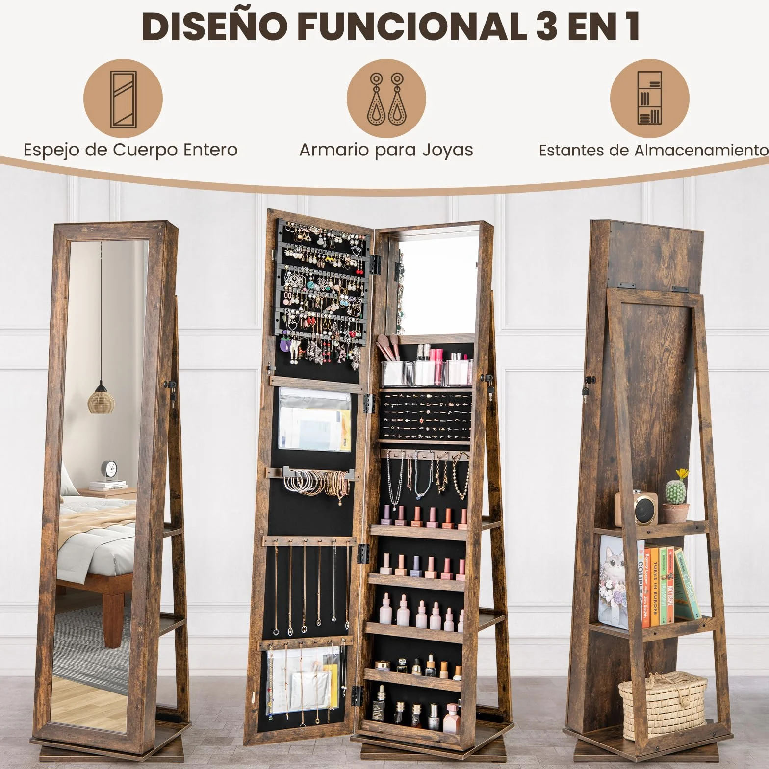 COSTWAY Armario para Joyas Giratorio 360°, Espejo Joyero de Pie con Estantes Traseros, Espejo de Maquillaje Integrado, 3 Cajas y 2 Bolsillos con Cremallera para Dormitorio (Marrón)