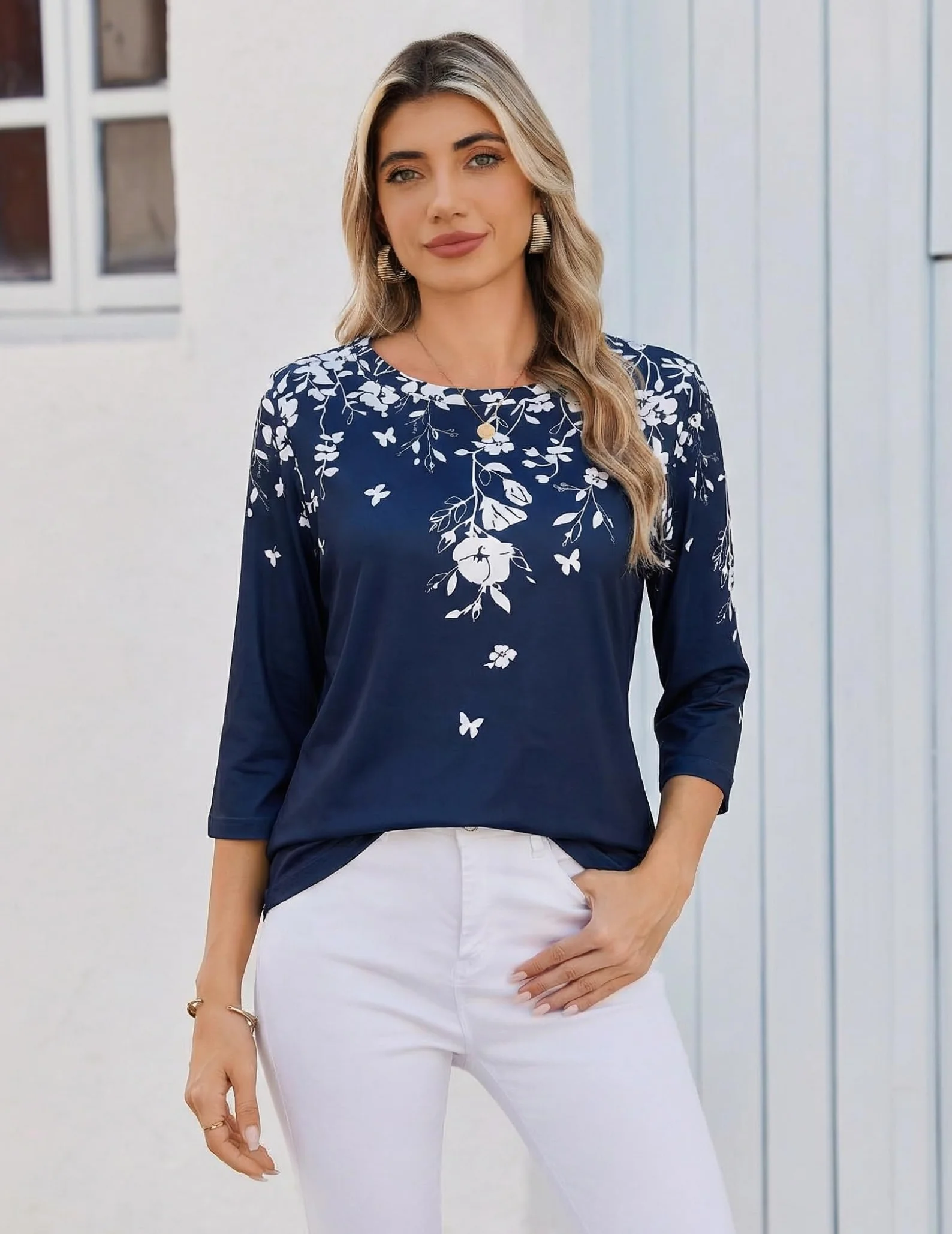 Zeagoo Camisetas para Mujer Manga 3/4 Tops básica con Cuello Redondo Blusa de Casual Verano