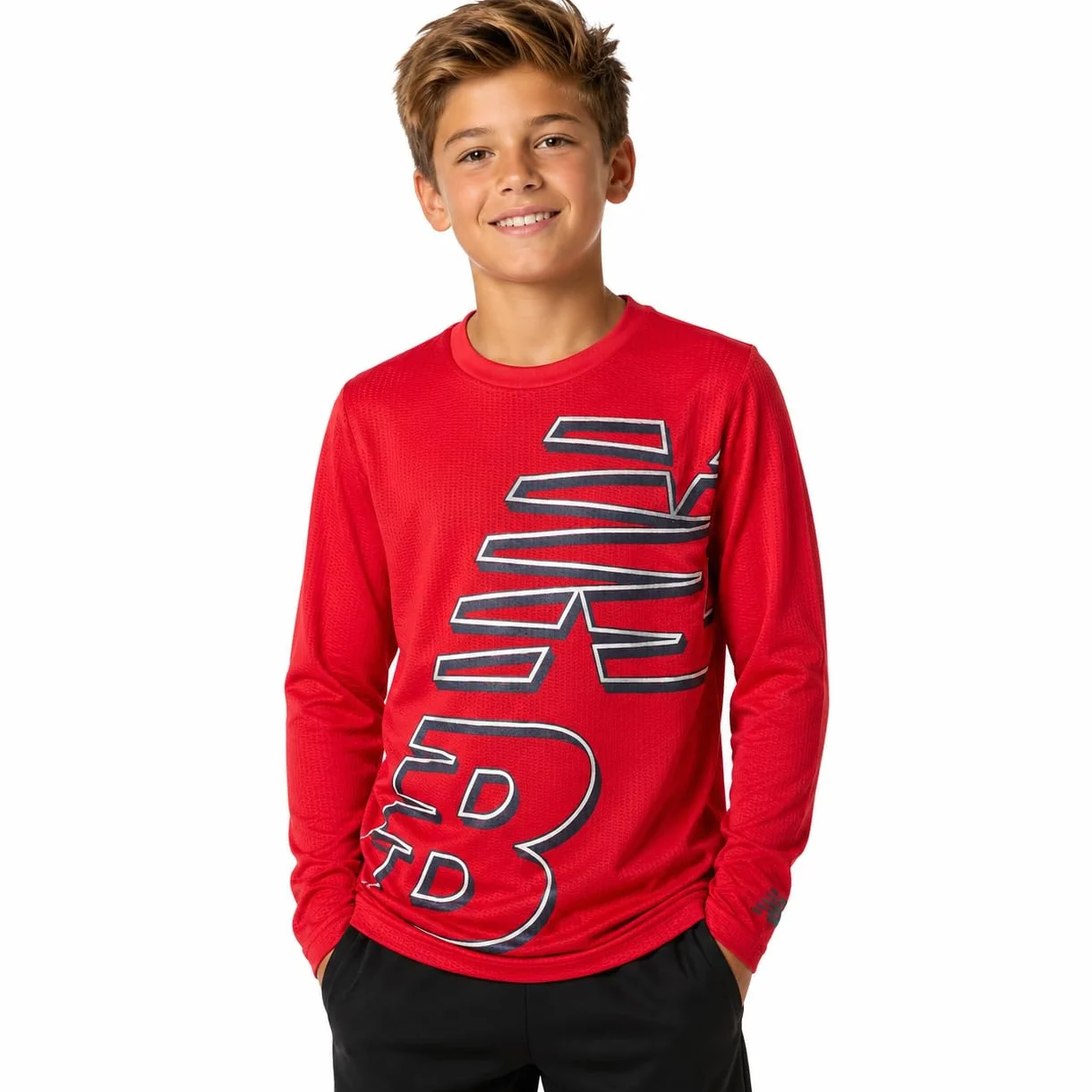 New Balance Boys' T-Shirt - Thermal Waffle Knit Long Sleeve Shirt (Size: 4-20), Size 10/12, Red