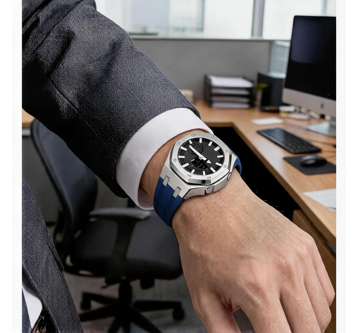 Repuesto Correa de Reloj de Silicona con Bisel de Acero Inoxidable 316L compatible con Casio G-Shock GA-2100 / GA-2110 | Azul