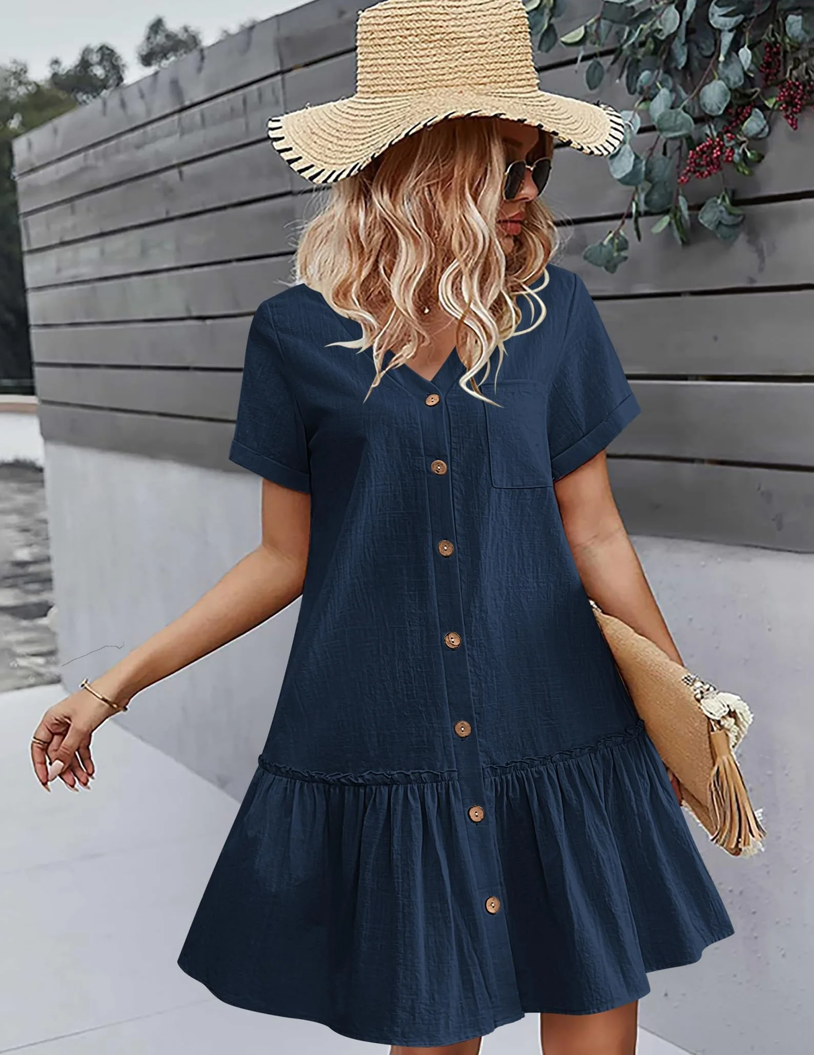 Hotouch Vestido de Lino Mujer Manga Corta Escote V Botones Verano