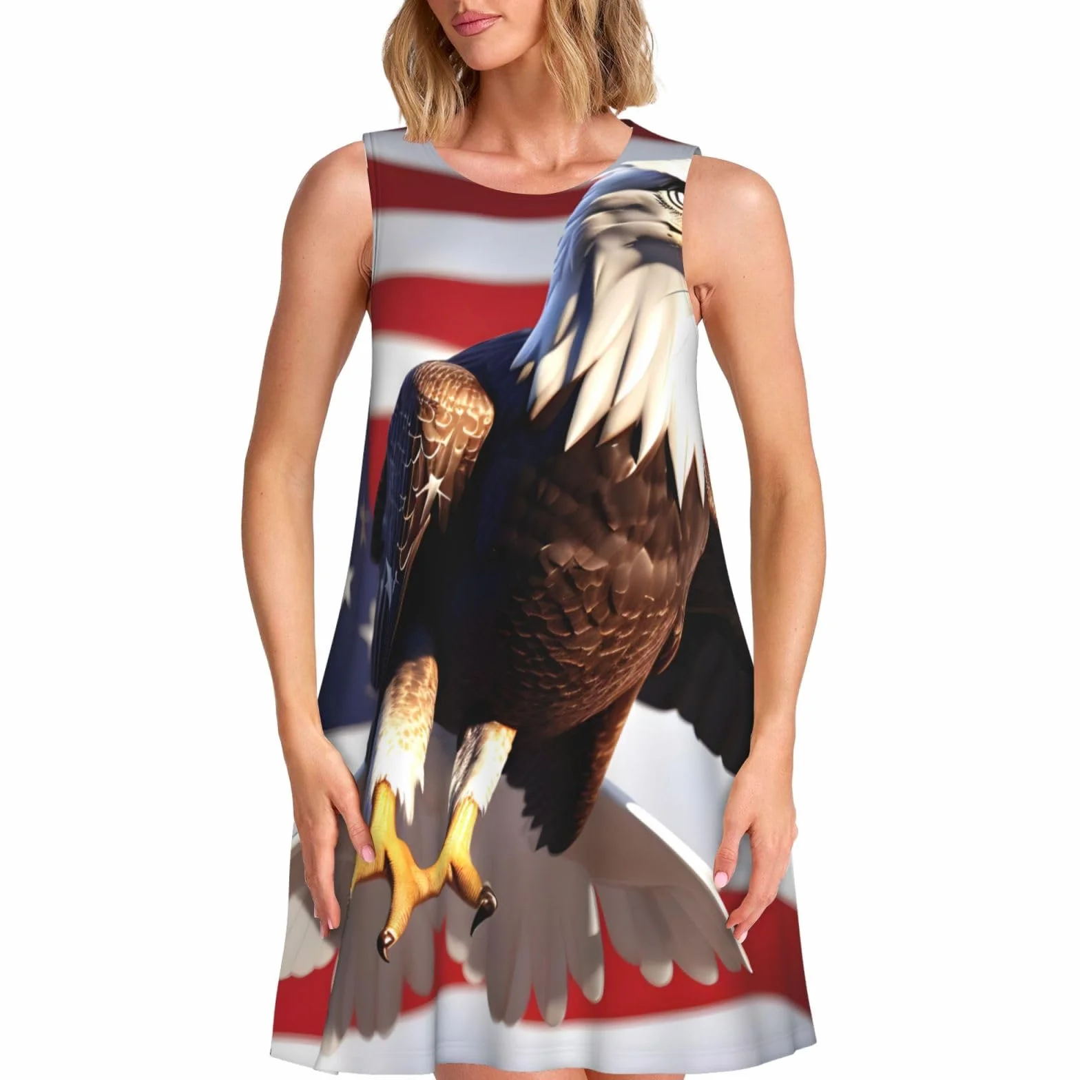 Águila calva con estampado de bandera estadounidense, ligero y cómodo, vestido de verano sin mangas para mujer, casual, vacaciones, uso diario