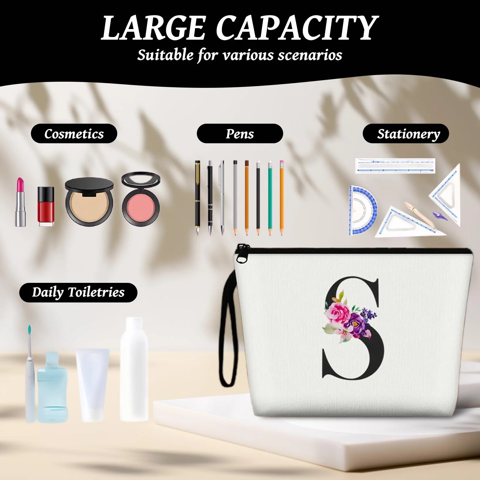 Aucuu Neceser Maquillaje Mujer, Neceser Mujer Personalizado, Bolsa de Cosméticos de Lona de Letras Impresas, Neceser de Viaje Portátil para Viajes, Almacenamiento (Letra S)