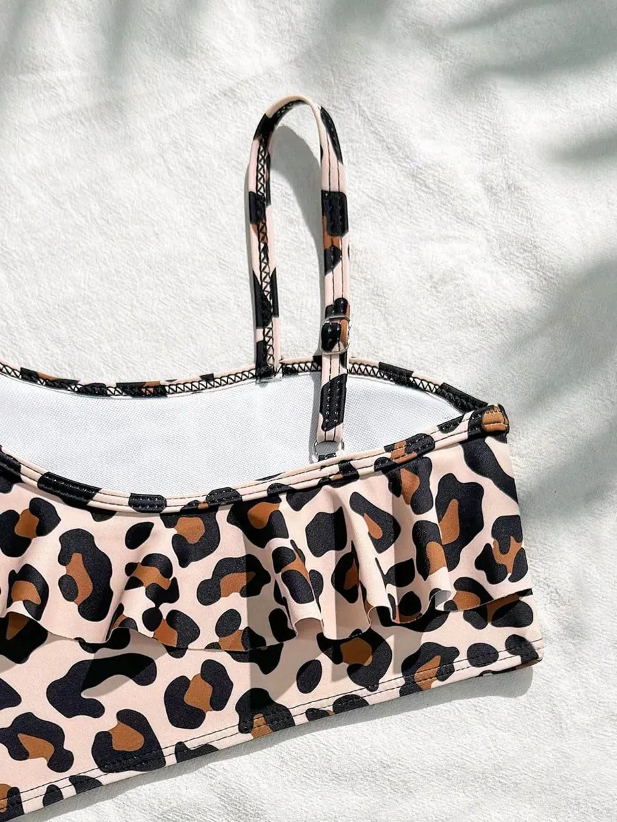 Bañador de dos piezas para niñas con estampado de leopardo: parte superior e inferior de bikini para playa y piscina en verano