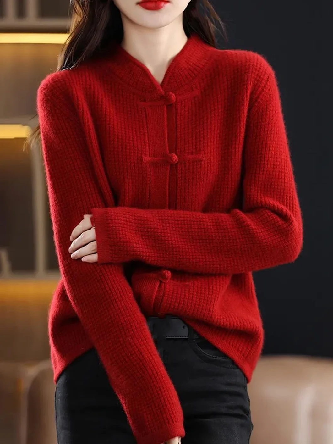 Alloaone Cárdigan de Lana para Mujer Chaqueta de Cachemira Tejida con Cuello Alto