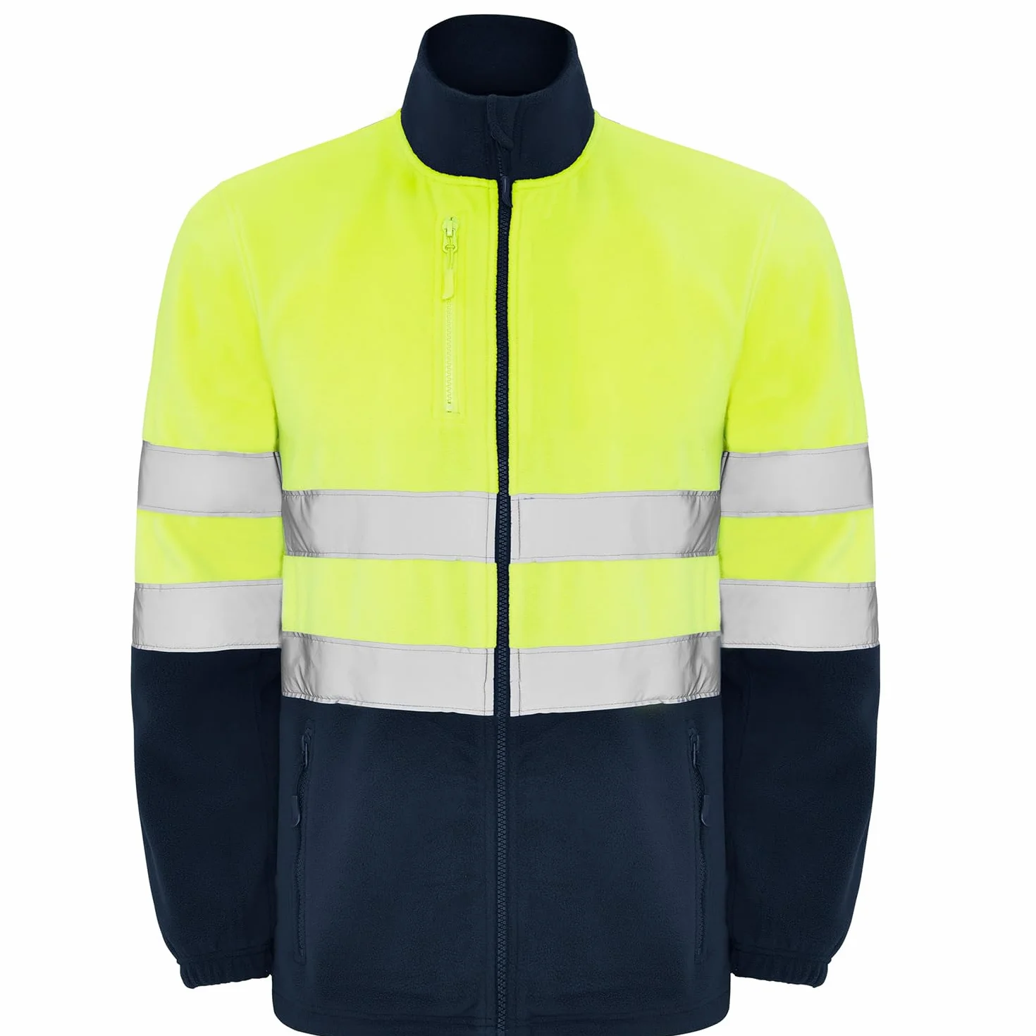 Chaqueta polar alta visibilidad adulto con cintas reflectantes, cremallera completa, bolsillos frontales y pecho, 100% poliéster