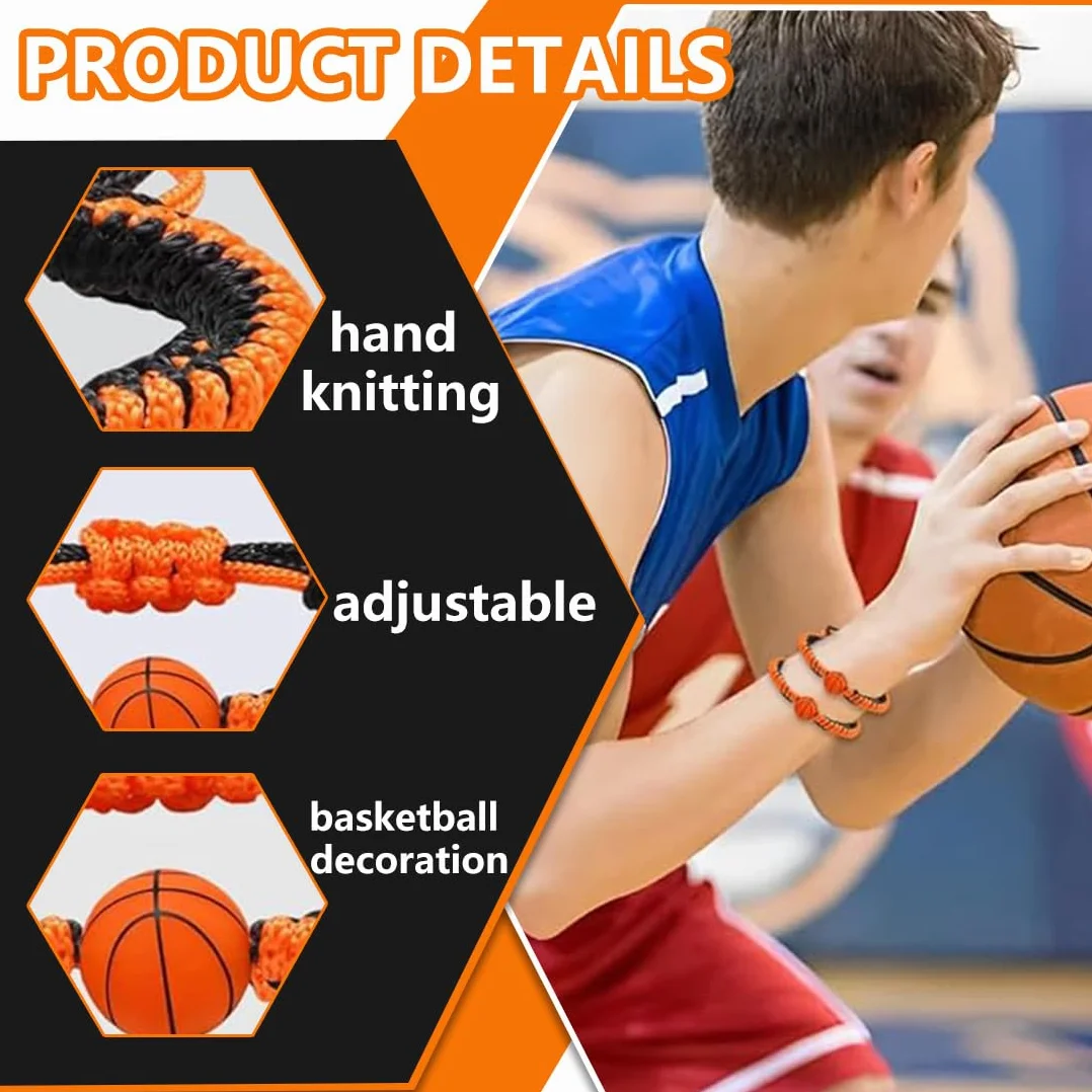 Pulsera de la amistad de 2 piezas, cuerda negra y naranja, colgante de baloncesto de silicona 3D, pulsera de baloncesto para niños, un gran regalo para los amantes del baloncesto.