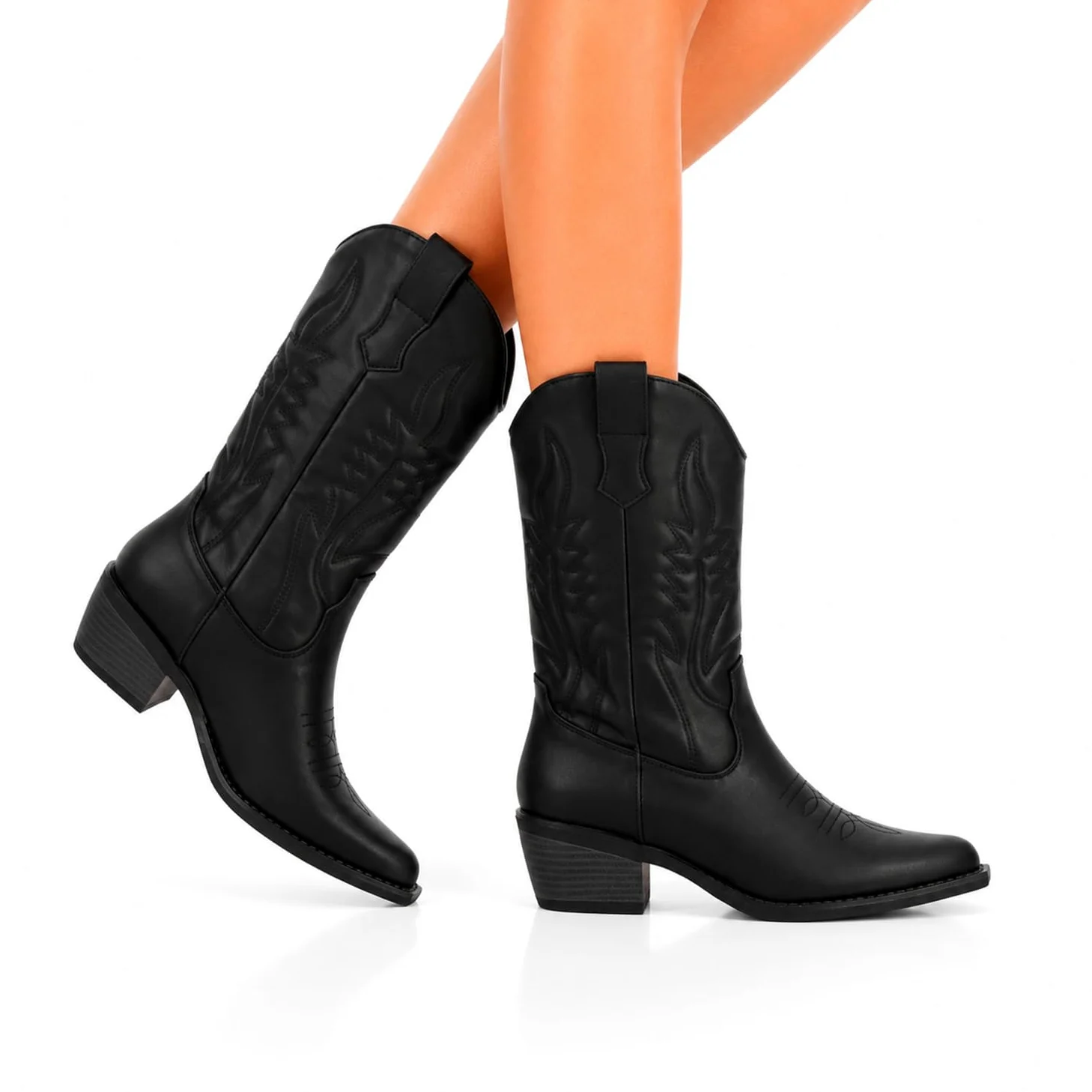 Botas Cowboy de Mujer Estilo Western con Diseno Limpio y Elegante. Cana Alta con Costuras Decorativas y Cierre de Cremallera, Tacon bajo, Ancho y Comodo. Ideal Otono Invierno.