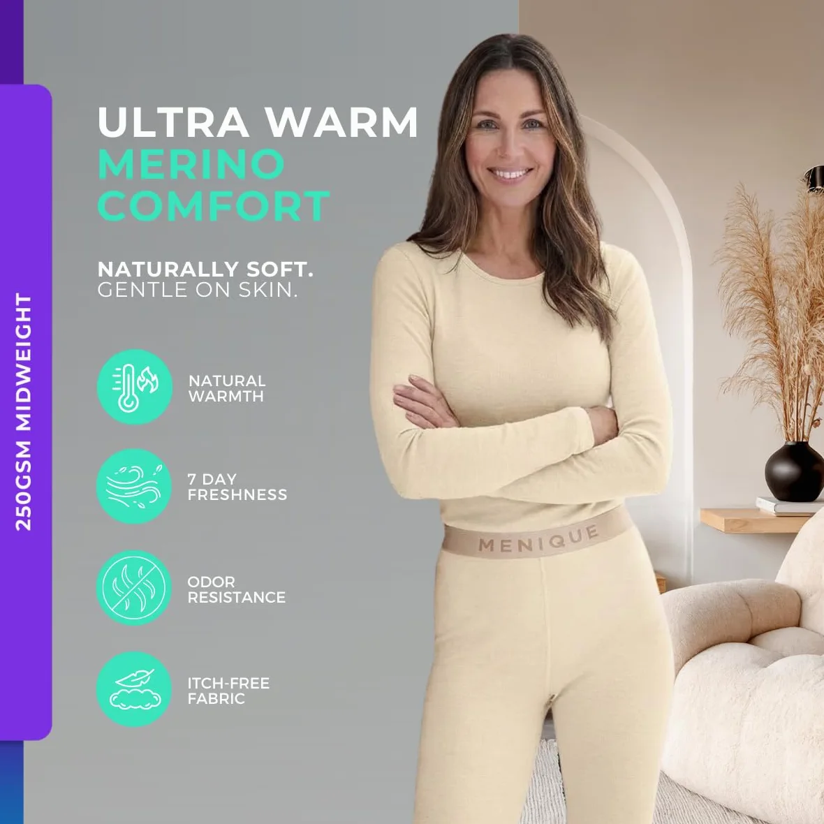menique Juego de ropa interior térmica 100% merino para mujer, ropa interior cálida de lana merino, 250 g/m², ropa interior de esquí, extra cálida, transpirable y antiolor, para invierno y exterior