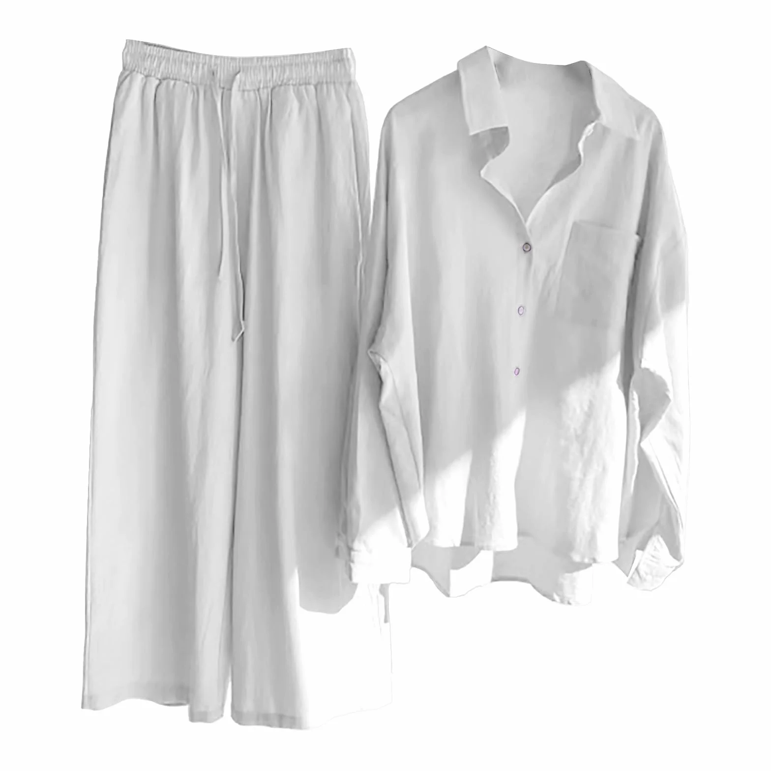 Traje de lino para mujer de verano, traje de verano para mujer, ligero, elegante, traje de ocio, moderno, algodón, 2 piezas, conjunto deportivo de dos piezas con pantalones, conjunto de muselina