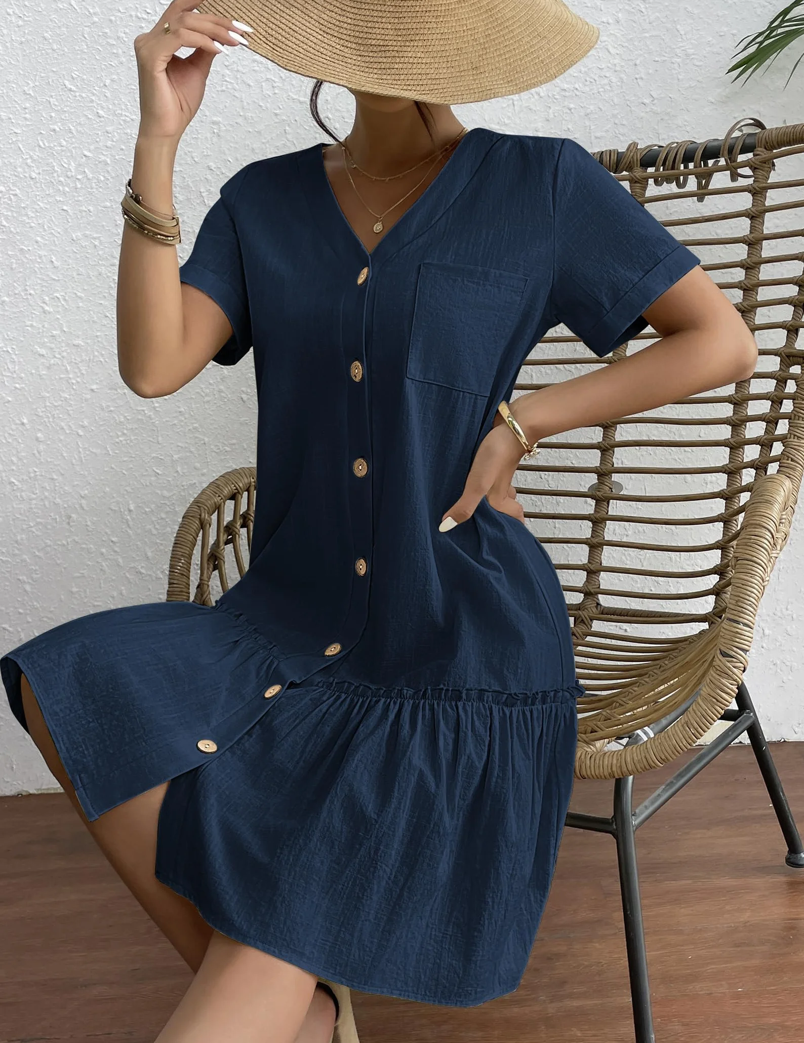 Hotouch Vestido de Lino Mujer Manga Corta Escote V Botones Verano