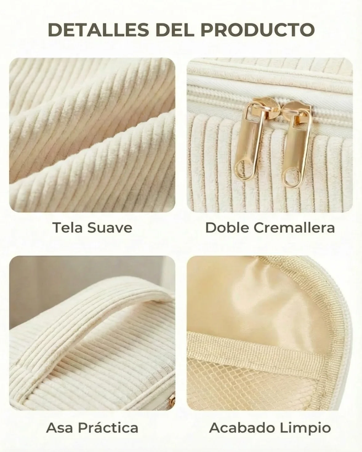 Set de 4 Neceseres Maquillaje Mujer de Nailon con Asa, Estuche Cosméticos Grande Mediano Pequeño Mini, Organizador de Viaje y Uso Diario, Beige