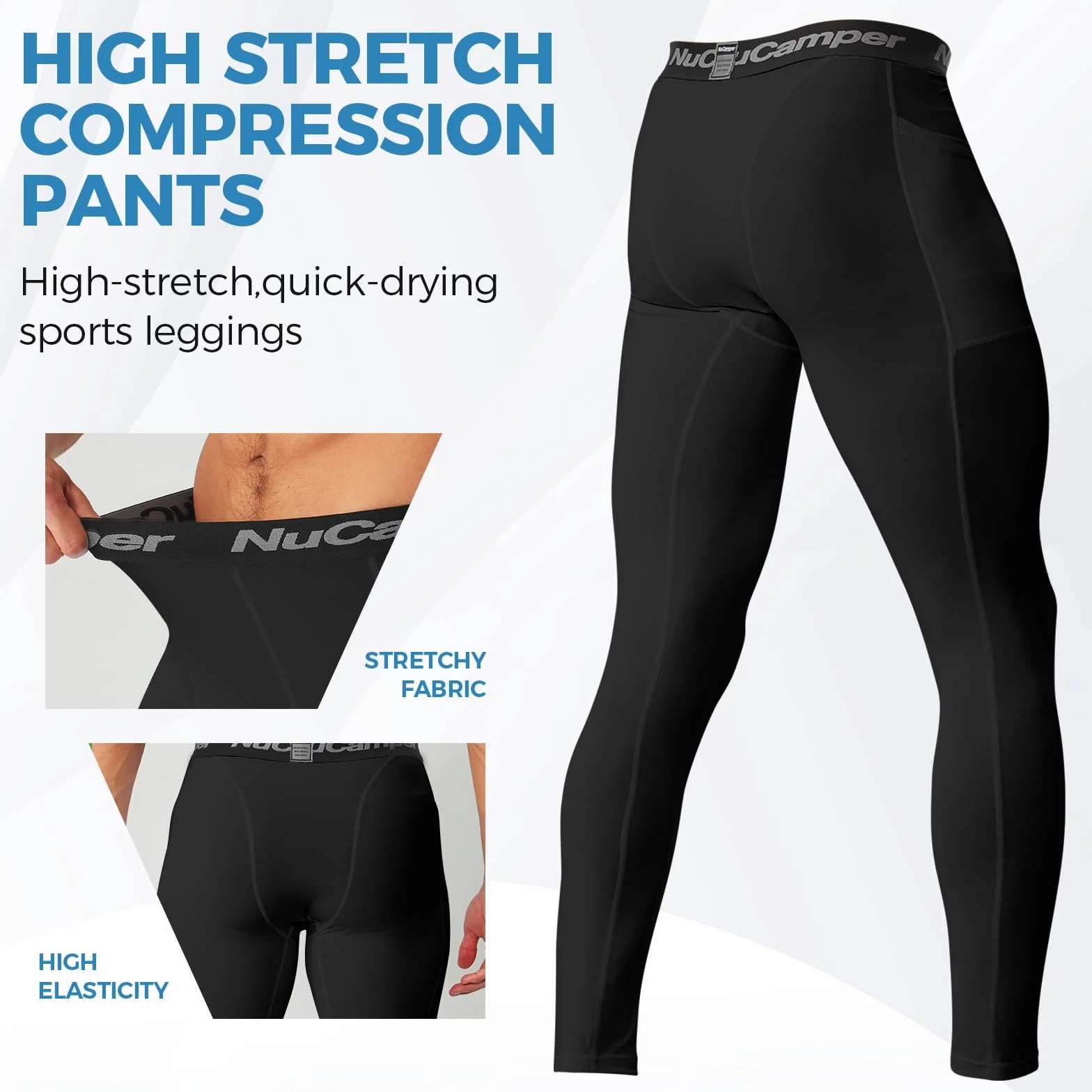 NuCamper Pantalones de Compresión para Hombre con Bolsillo Mallas Deportivos Secado Rápido Leggings Baselayer Tights para Correr Entrenamiento