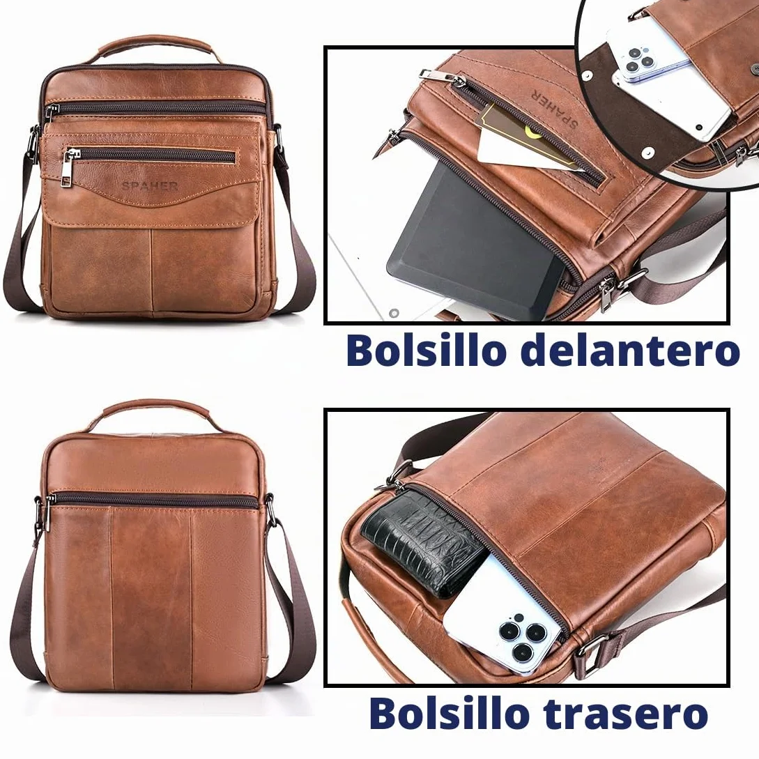 SPAHER Bandolera de Cuero Grande Bolso Piel Caballero Mariconeras para Hombres Man Bag