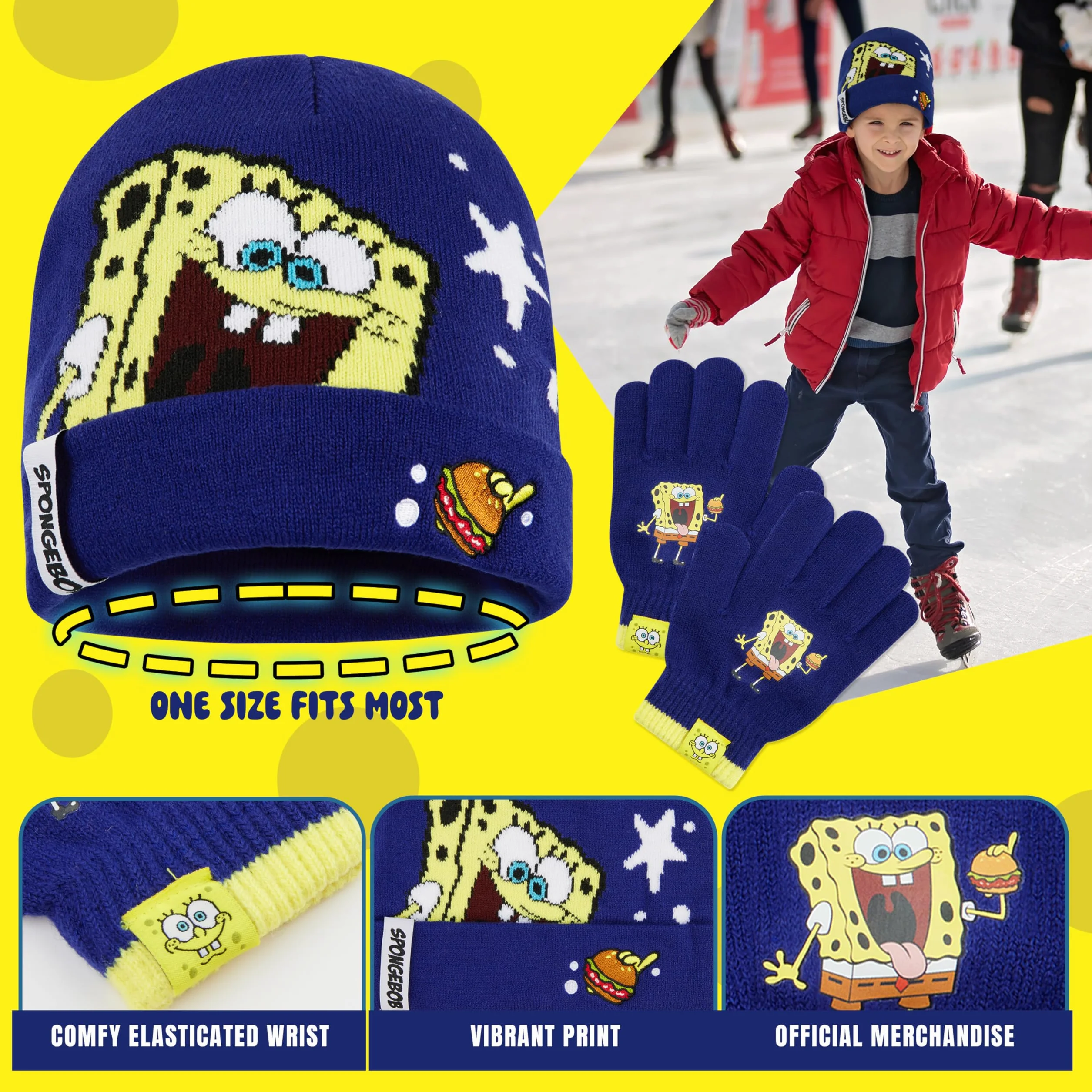 SPONGEBOB SQUAREPANTS Conjunto de Gorro y Guantes para Niños - Regalo Niño