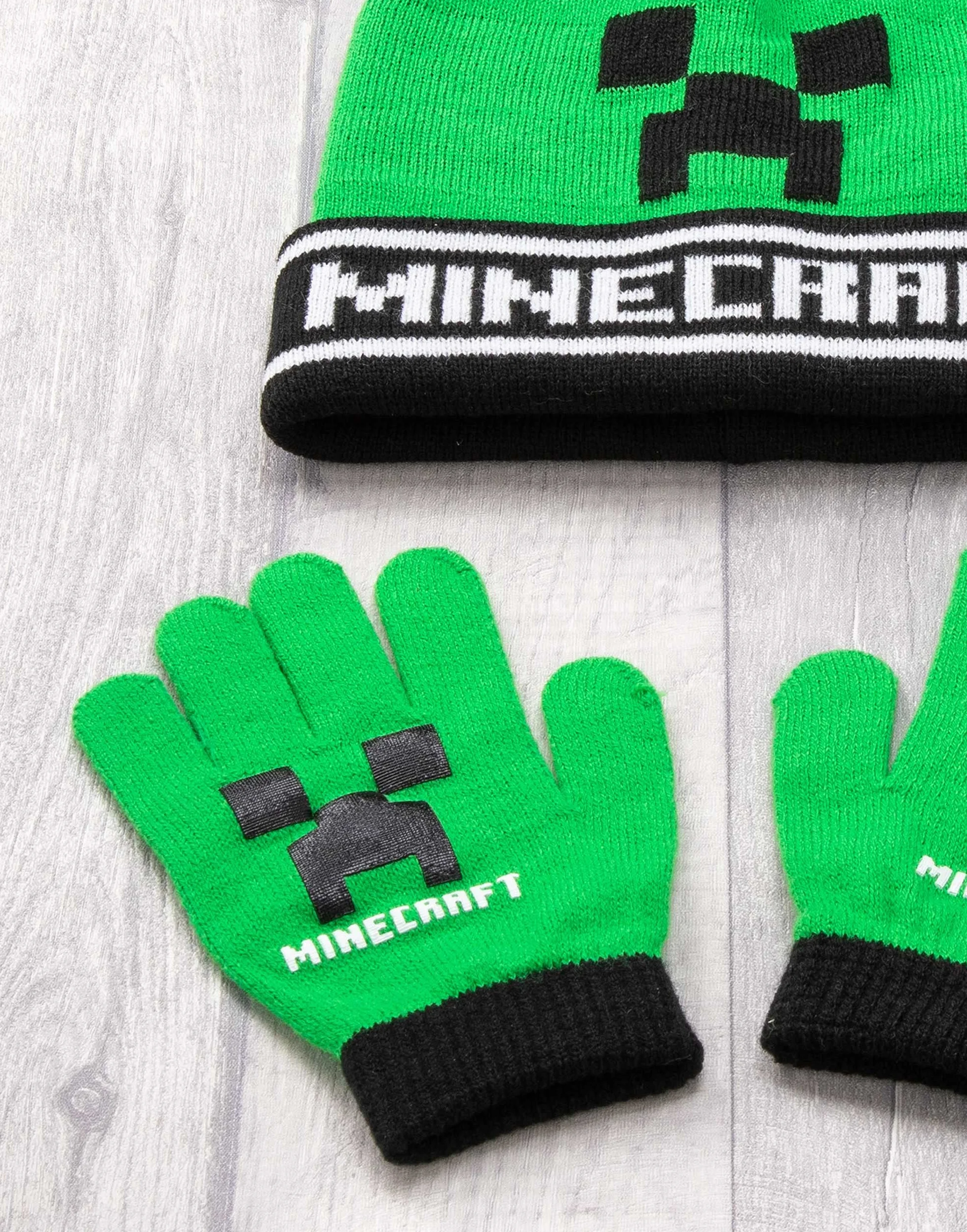 Minecraft Kids Bobble Hat Gloves Set Creeper - Gorro de punto para gamer, talla única, Negro, talla única