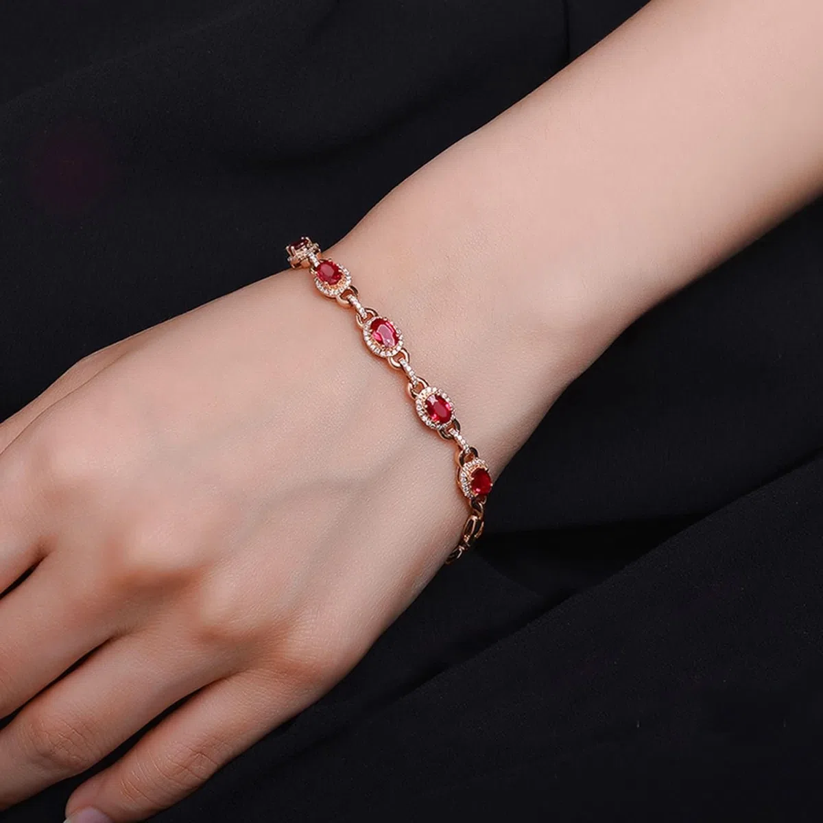 Pulseras Mujer Oro Rosa 9Kt / 14Kt / 18Kt, Oval con Rubí y Diamante, Cadena Extensible 16 CM + 5 CM, Pulseras Ajustable Mujer de Oro Rosa