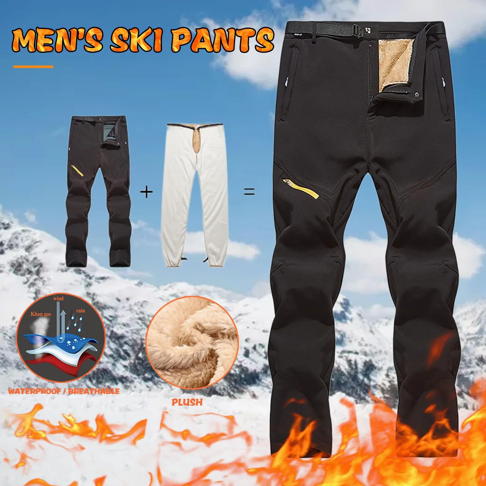 Generisch Pantalones de invierno para hombre, forro polar, desmontable, dos piezas, doble engrosado, cálido pantalón de esquí
