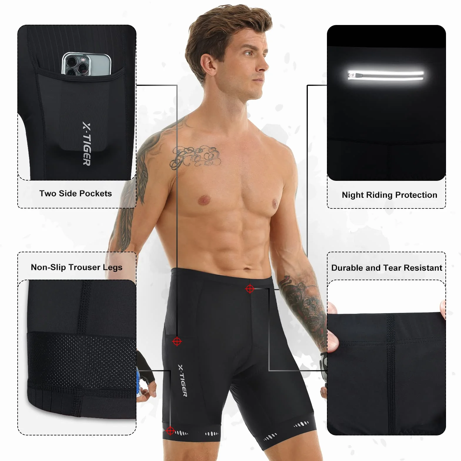 X-TIGER Culotte Ciclismo Hombre 5D Gel Acolchado MTB Pantalones Cortos Transpirable Secado Rápido 3 Bolsillos