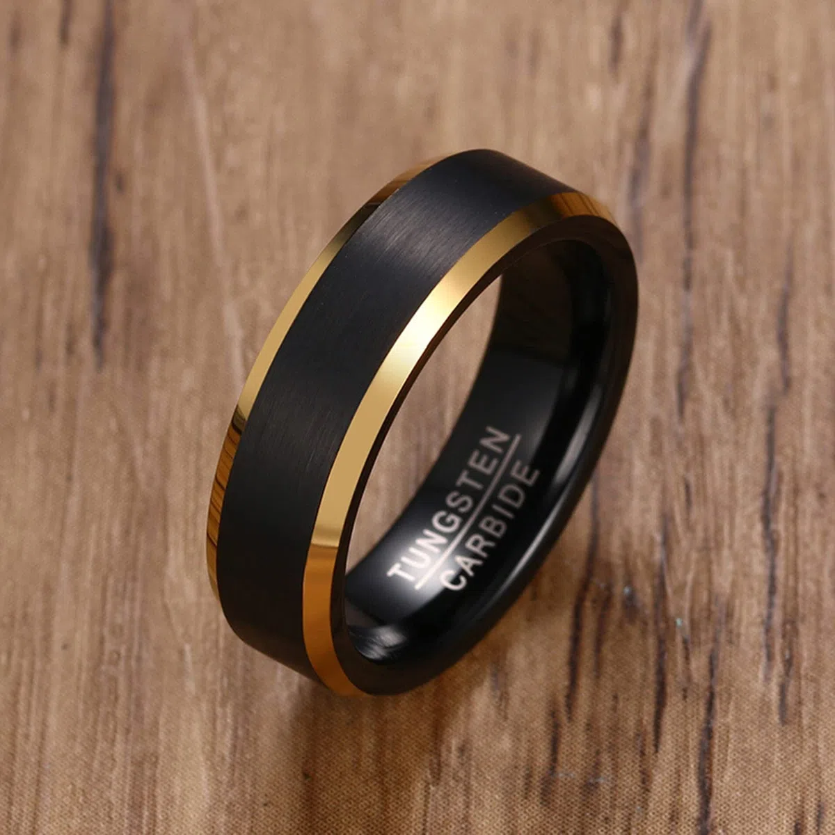 Feng Shui， Juego de Anillos para Parejas Grabados Personalizados, Anillos de Boda de tungsteno para él y Ella, tamaño L 1/2 a Z 1/2, Anillo Cepillado Negro de 6 mm con Borde Dorado