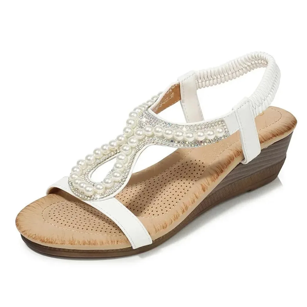 Sandalias de gladiador con banda elástica delantera y trasera para mujer, tacón de cuña, parte superior de poliuretano, cuentas de diamante