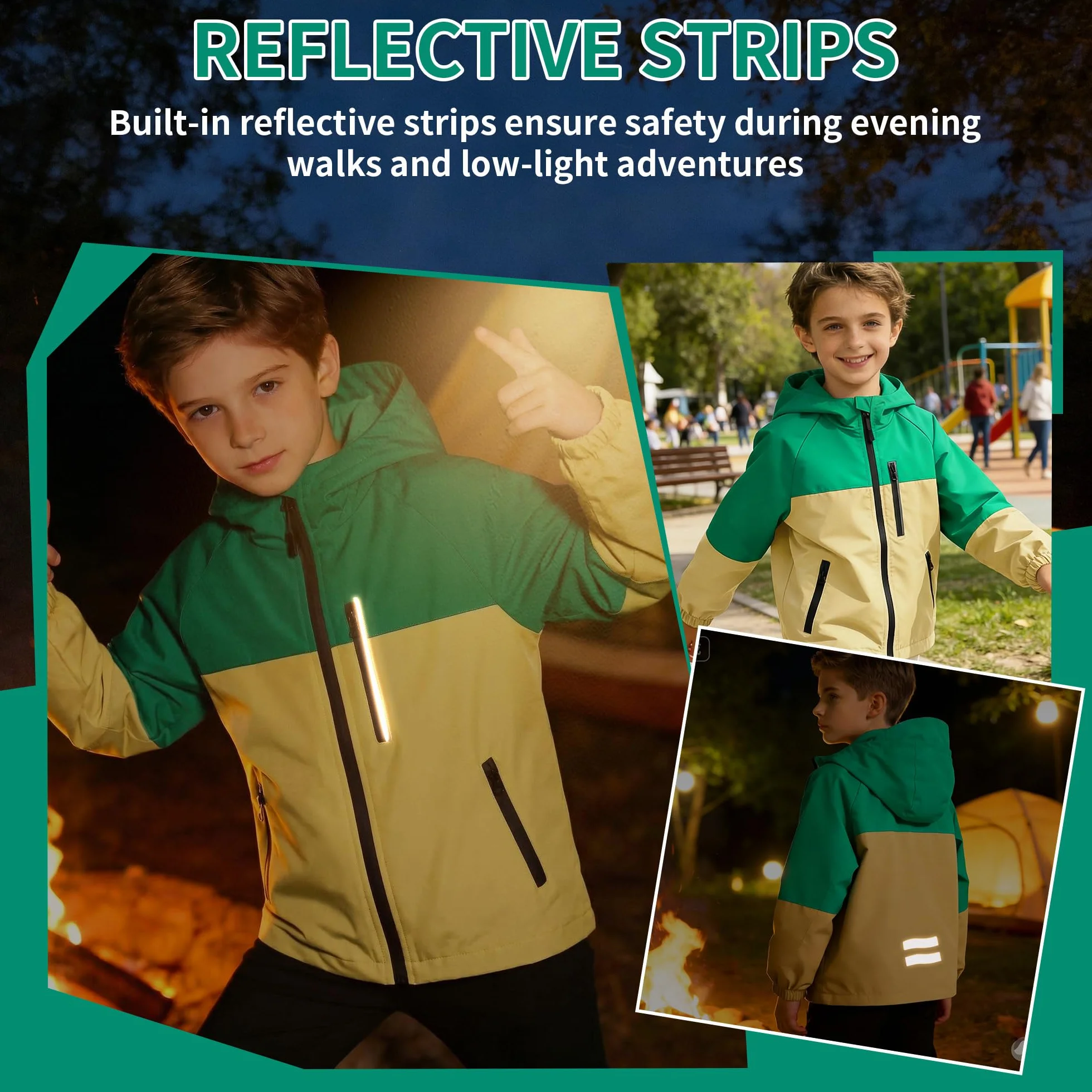 Chaqueta Impermeable Infantils, Chubasquero con Tiras Reflectantes y Bolsillos Cremallera, Ligero Cortavientos con Capucha, Ropa Abrigo Niñas Niños Exterior Escuela para Edad 5-13