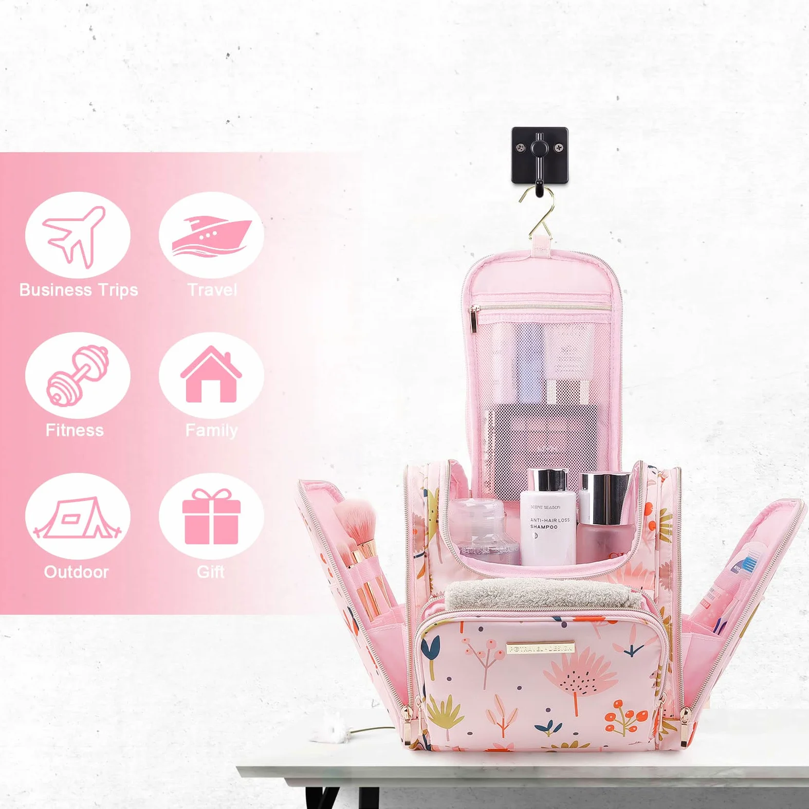 Bolsas de Aseo para Mujeres y Niñas, Lychii Neceser de Viaje con Colgar Gancho, Impermeable Organizador de Cosméticos - Floral