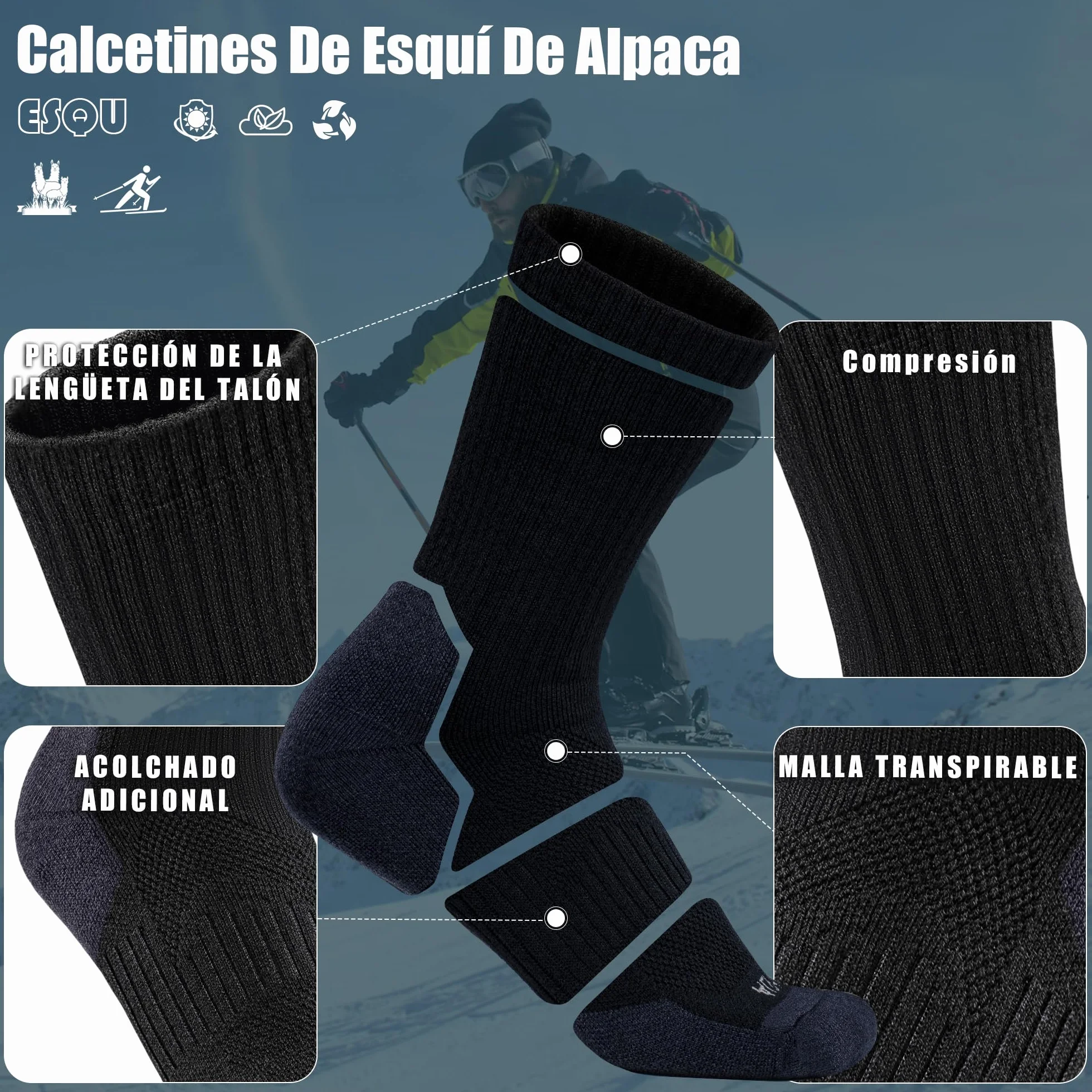 ineepor Calcetines Termicos de Alpaca Mujer Hombre Calcetines Compresion Invierno Transpirables para Deporte Running Senderismo Trail Esqui 35-51 2 Pares